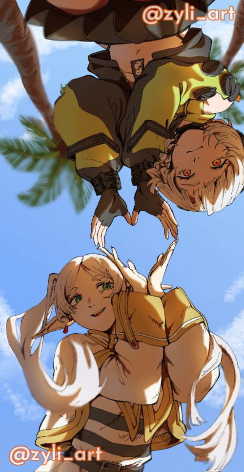 zyli (zyli art), anby demara, frieren, sousou no frieren, zenless zone zero, black skirt, capelet, cloud, cloudy sky, earrings, elf, fingerless gloves, gloves, green eyes, green jacket, green sleeves, grey hair, happy, headphones, heart, heart hands, heart hands duo, jacket, jewelry, looking at viewer, looking down, midriff, multicolored sleeves, navel, orange eyes, palm tree, parted bangs, pointy ears, short hair, skirt, sky, sleeveless, sleeveless jacket, smile, tree, twintails, voice actor connection, watermark, white capelet, white hair