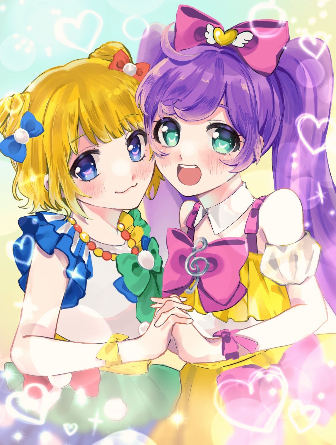 akomu junji, manaka laala, minami mirei, pretty series, pripara, highres, :3, :d, blonde hair, blue eyes, bow, green eyes, hair bow, holding hands, long hair, looking at viewer, multiple hair bows, open mouth, pink bow, purple hair, short hair, smile, twintails, upper body