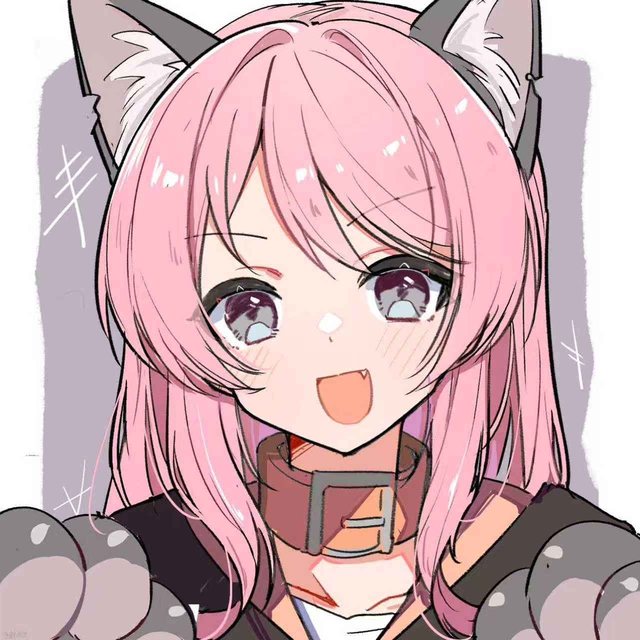 zhong xiansheng, chihaya anon, bang dream!, bang dream! it's mygo!!!!!, commentary, english commentary, highres, 1girl, animal ears, animal hands, blush, collar, fake animal ears, fang, gloves, grey eyes, open mouth, paw gloves, pink hair, portrait, red collar, solo