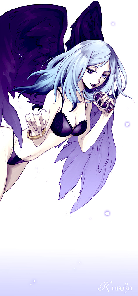 hayato (gt), hito (pixiv153199), kuroha diana shiratori, higashi no eden, bad id, bad pixiv id, 00s, 1girl, blue eyes, blue hair, breasts, cellphone, female focus, large breasts, lingerie, long hair, matching hair/eyes, phone, solo, underwear, wings