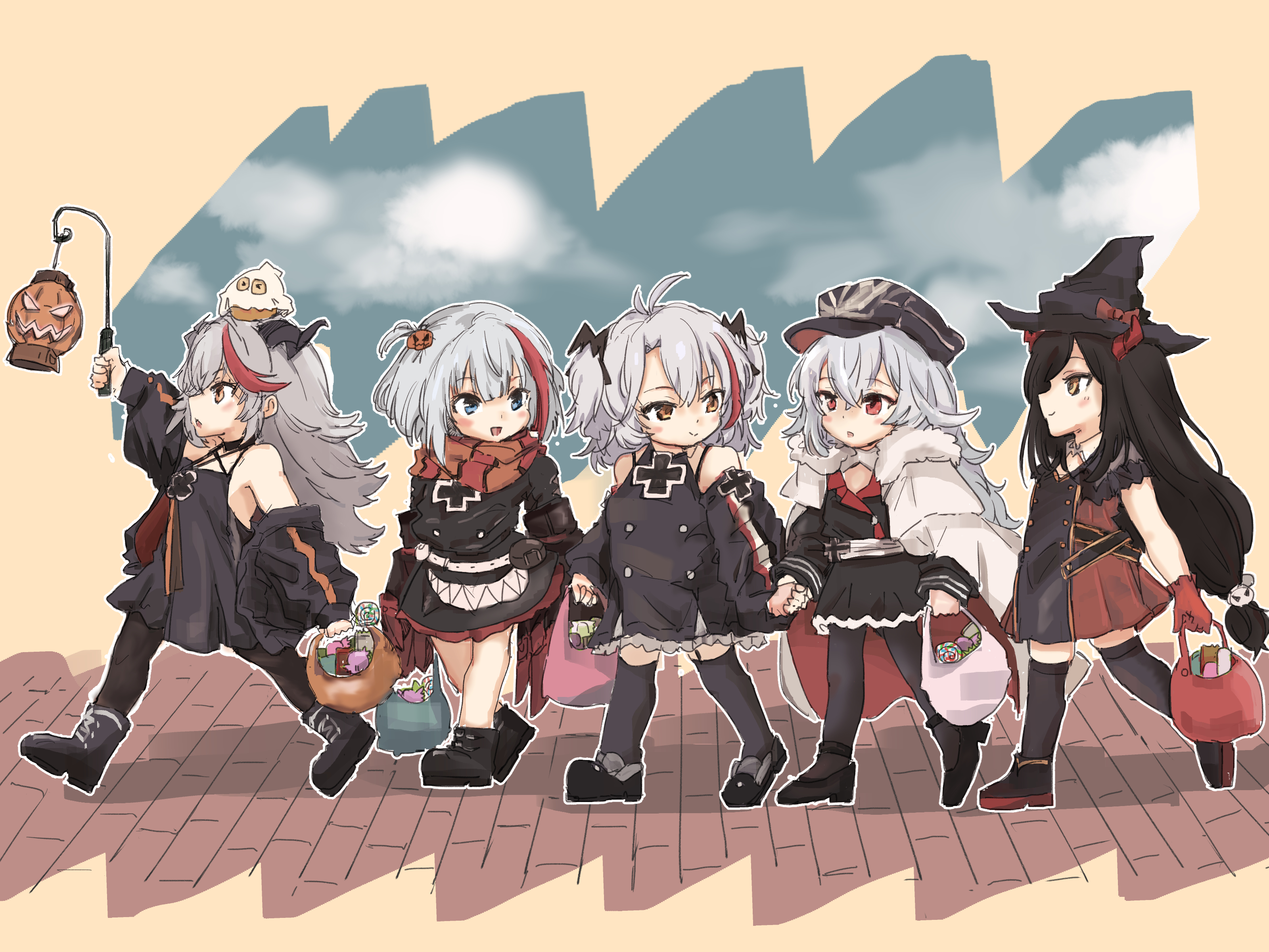 gueeer315, little aegir (azur lane), little friedrich (azur lane), little prinz eugen (azur lane), little spee (azur lane), manjuu (azur lane), zeppy (azur lane), azur lane, absurdres, commentary request, highres, > <, 5girls, animal, animal on head, babydoll, bare shoulders, black babydoll, black boots, black bow, black dress, black hat, black pantyhose, black shoes, black thighhighs, blue eyes, boots, bow, cape, dress, food-themed hair ornament, fur-trimmed cape, fur trim, ghost costume, gloves, grey hair, hair bow, hair ornament, halloween, halloween costume, hat, holding hands, long hair, multiple girls, on head, pantyhose, peaked cap, pumpkin, pumpkin hair ornament, red eyes, red gloves, red streaks, scarf, shoes, thighhighs, trick-or-treating, very long hair, walking, witch, yellow eyes