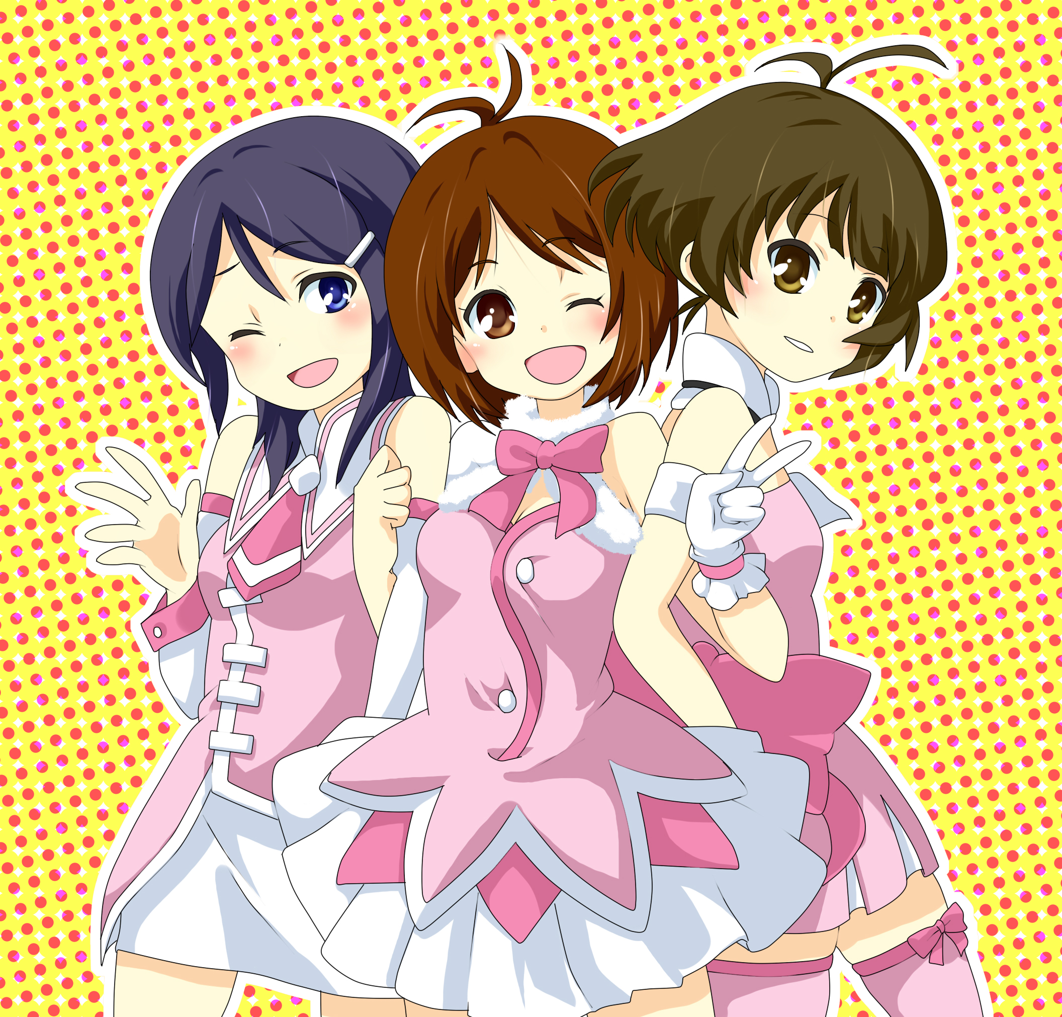 mitsuki meia, akizuki ryo, hidaka ai, mizutani eri, idolmaster, idolmaster dearly stars, highres, 00s, 1boy, 2girls, 3girls, antenna hair, blue eyes, blue hair, blush, bow, brown eyes, brown hair, crossdressing, cute & girly (idolmaster), gloves, hair ornament, hairclip, idol, multiple girls, one eye closed, open mouth, short hair, smile, thighhighs, trap, v, waving, wink