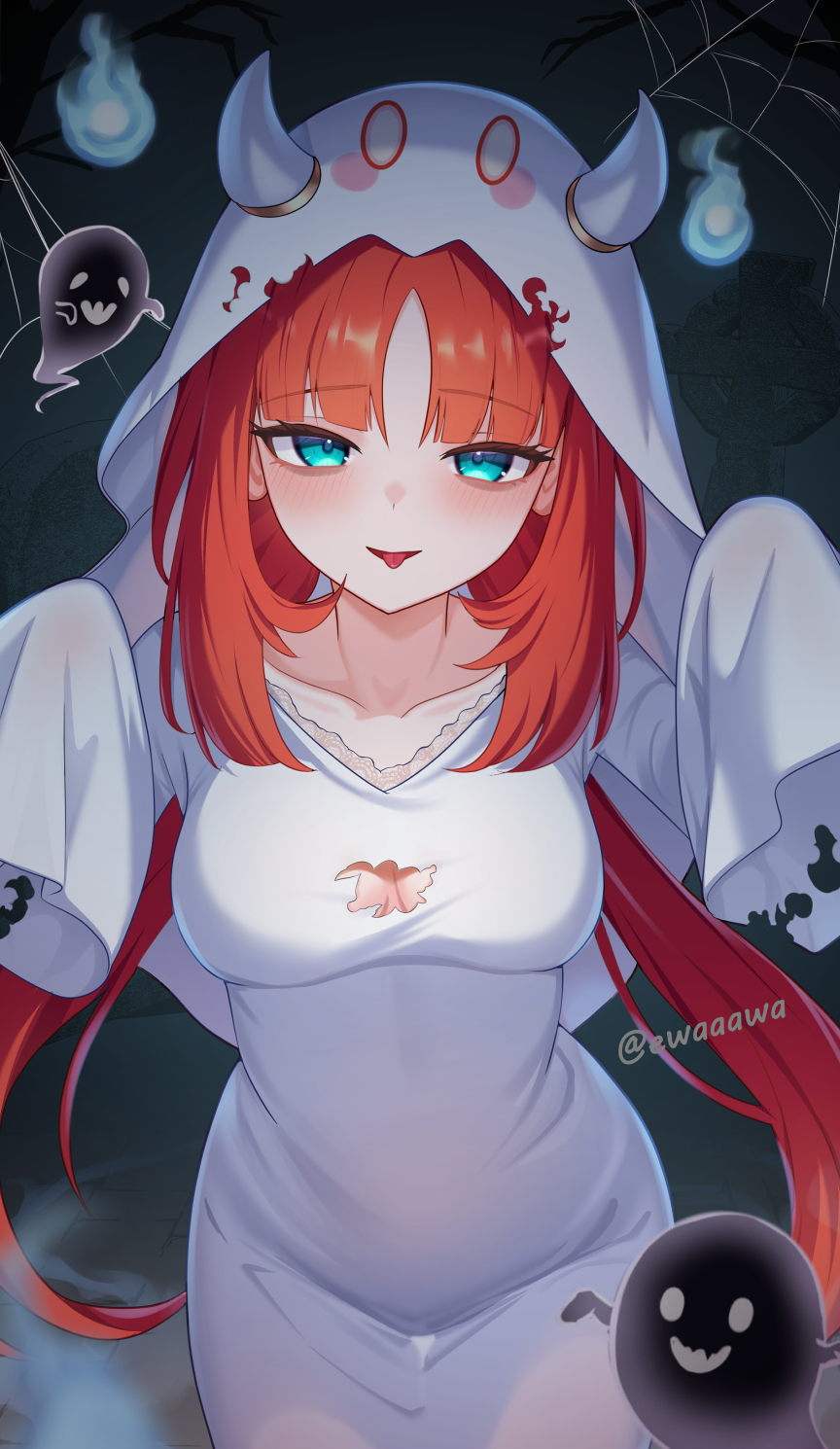 ewaaawa, nilou (genshin impact), genshin impact, highres, 1girl, aqua eyes, blush, breasts, cleavage, cleavage cutout, cloak, clothing cutout, ghost, ghost costume, halloween, halloween costume, hood, long hair, long sleeves, looking at viewer, medium breasts, red hair, sheet ghost, silk, smile, solo, spider web, tongue, tongue out, twintails, twitter username, white cloak