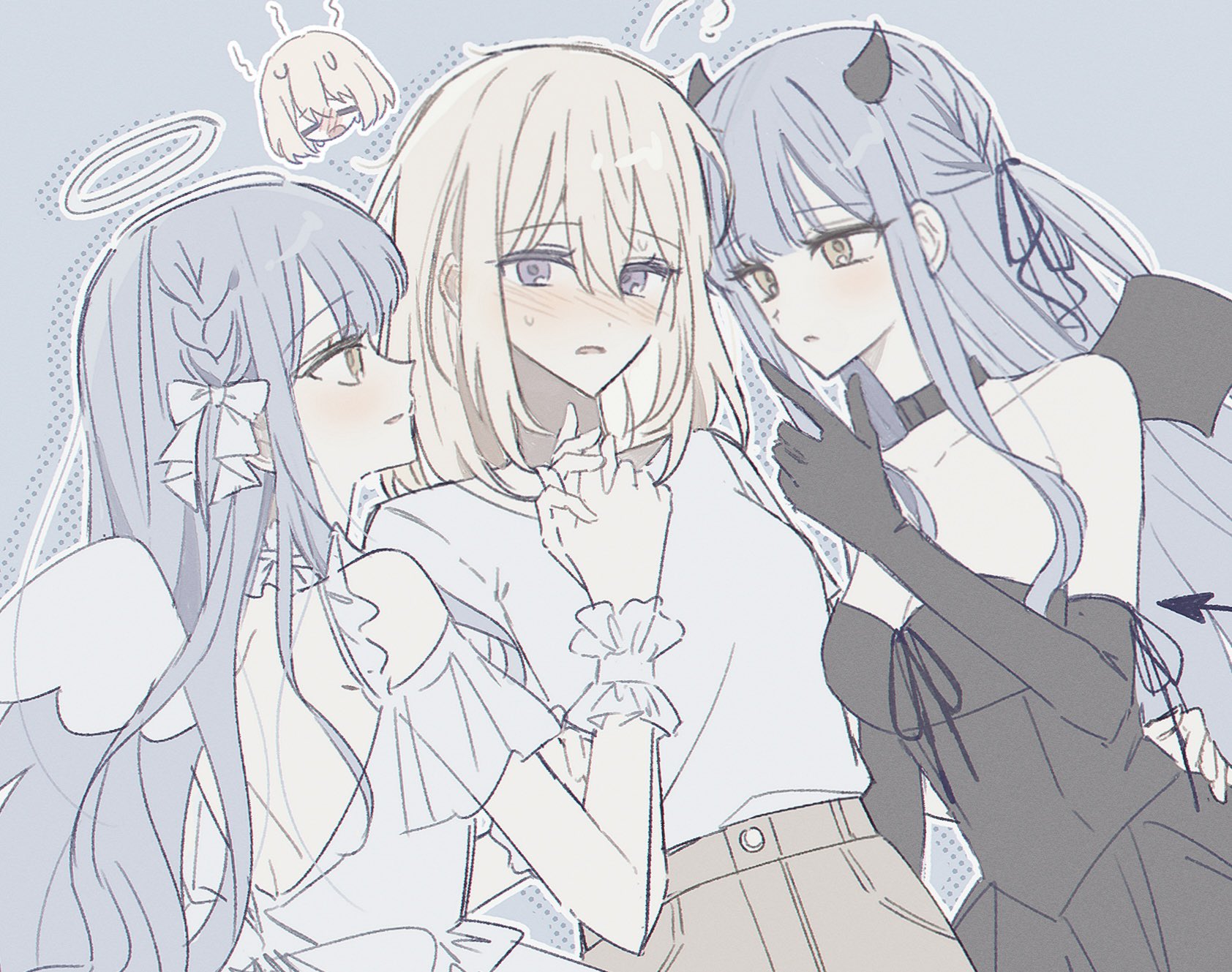 uis410, misumi uika, togawa sakiko, bang dream!, bang dream! it's mygo!!!!!, commentary request, highres, korean commentary, 2girls, angel and devil, black dress, blonde hair, blue hair, blush, braid, breasts, cleavage, dress, dual persona, hair between eyes, halo, holding hands, horns, long hair, medium breasts, multiple girls, open mouth, purple eyes, shirt, sidelocks, strapless, strapless dress, sweatdrop, white dress, white shirt, yellow eyes, yuri