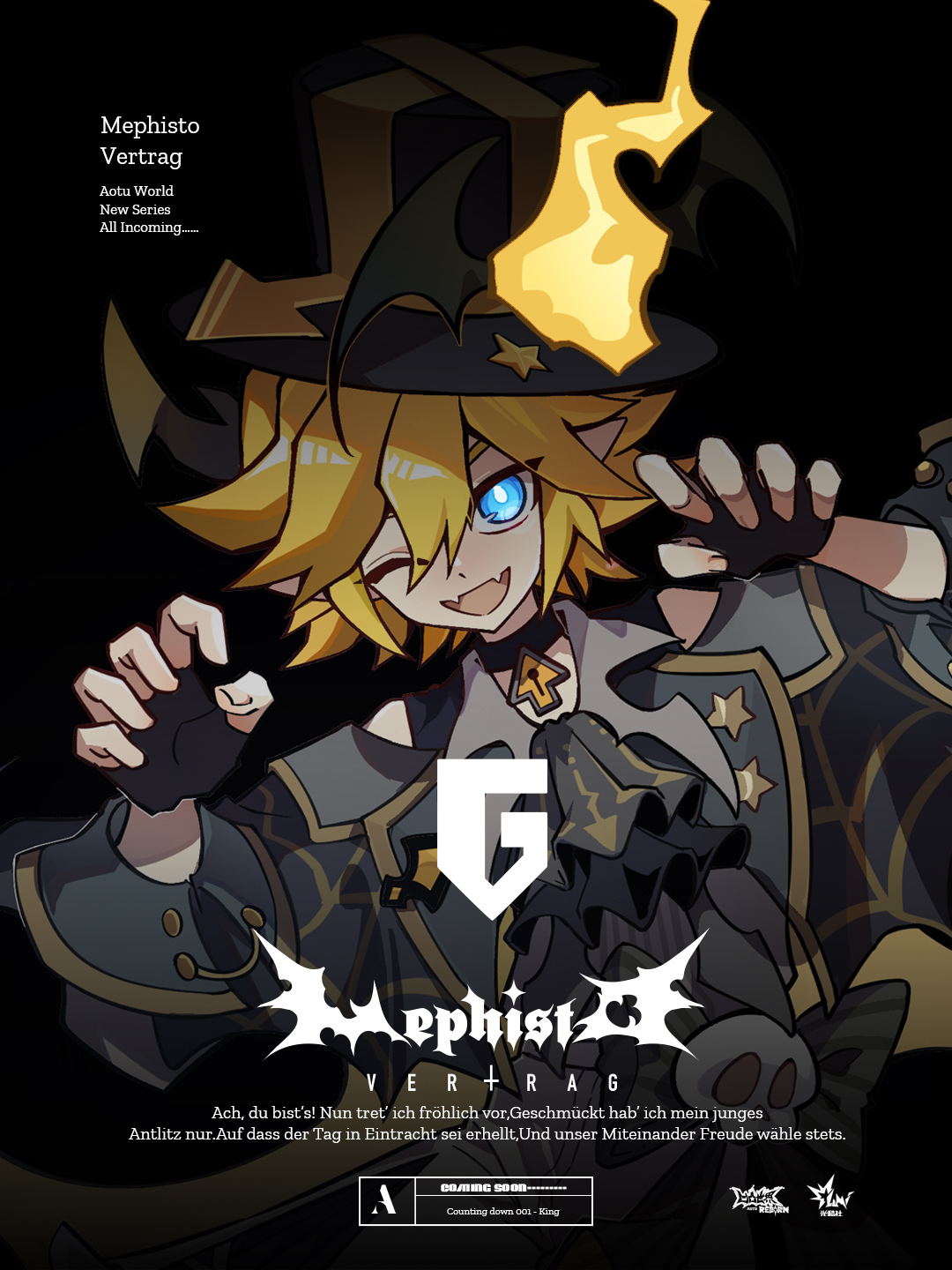 qi chuang she, king (aotu world), aotu world, chinese commentary, commentary, english commentary, highres, mixed-language commentary, official art, 1boy, alternate costume, ascot, bare shoulders, bat (animal), black ascot, black background, black bow, black choker, black gloves, black hat, black jacket, black shirt, blonde hair, blue eyes, bow, choker, claw pose, copyright name, creature, english text, fangs, fingerless gloves, gloves, hair between eyes, halloween, halloween costume, hat, horns, jacket, jewelry, long sleeves, looking at viewer, male focus, off shoulder, one eye closed, open mouth, pale skin, pendant, pendant choker, pointy ears, shirt, short hair, skull, sleeveless, sleeveless shirt, smile, solo, star (symbol), top hat