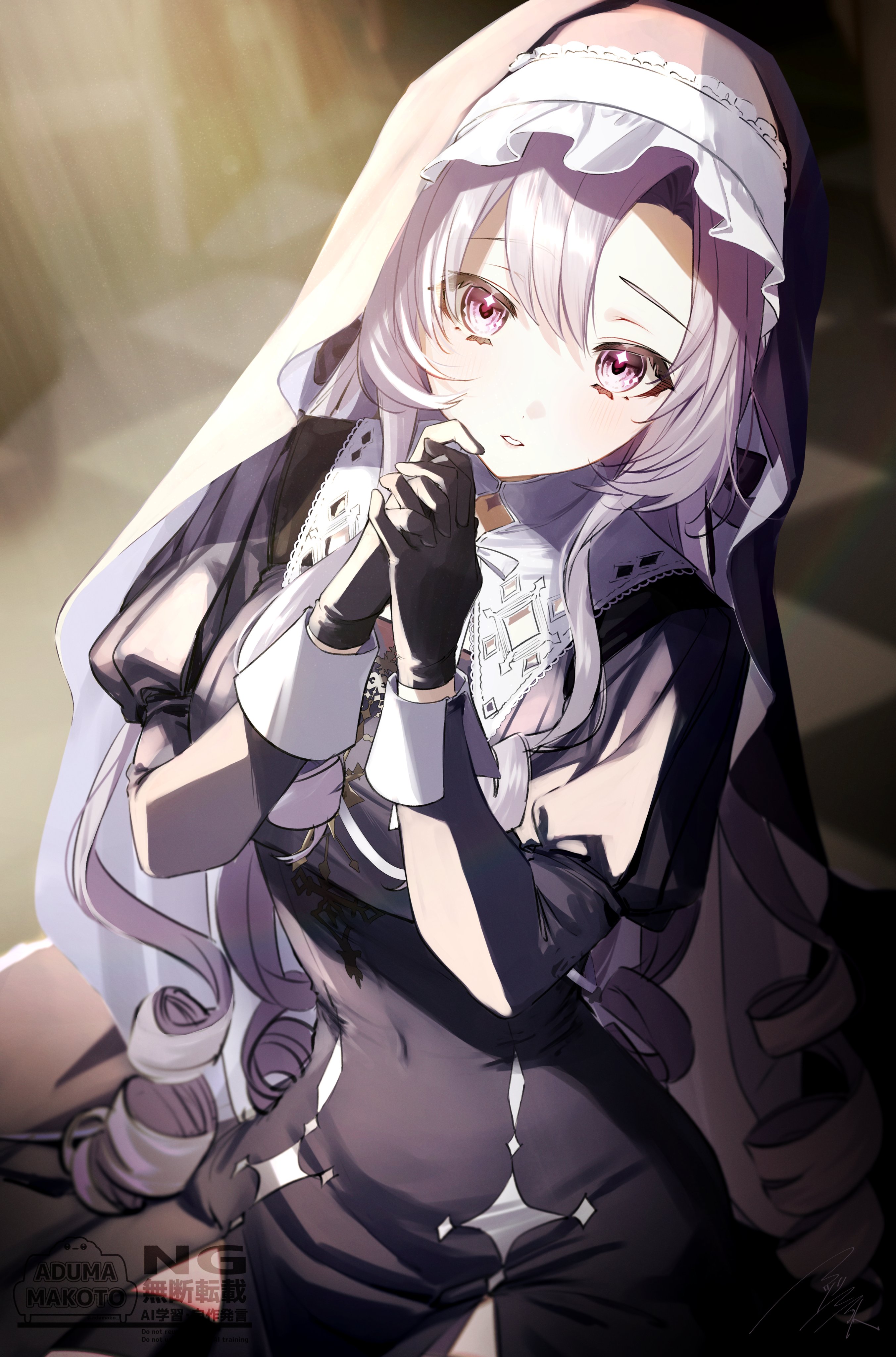 asazuke25, hyakumantenbara salome, nijisanji, absurdres, highres, 1girl, black dress, black gloves, black veil, blurry, blurry background, depth of field, dress, frills, gloves, grey eyes, grey hair, guimpe, hyakumantenbara salome (4th costume), indoors, juliet sleeves, long hair, long sleeves, looking at viewer, nun, official alternate costume, own hands clasped, own hands together, puffy sleeves, ringlets, sidelocks, sleeve cuffs, solo, sunlight, veil, virtual youtuber, watermark