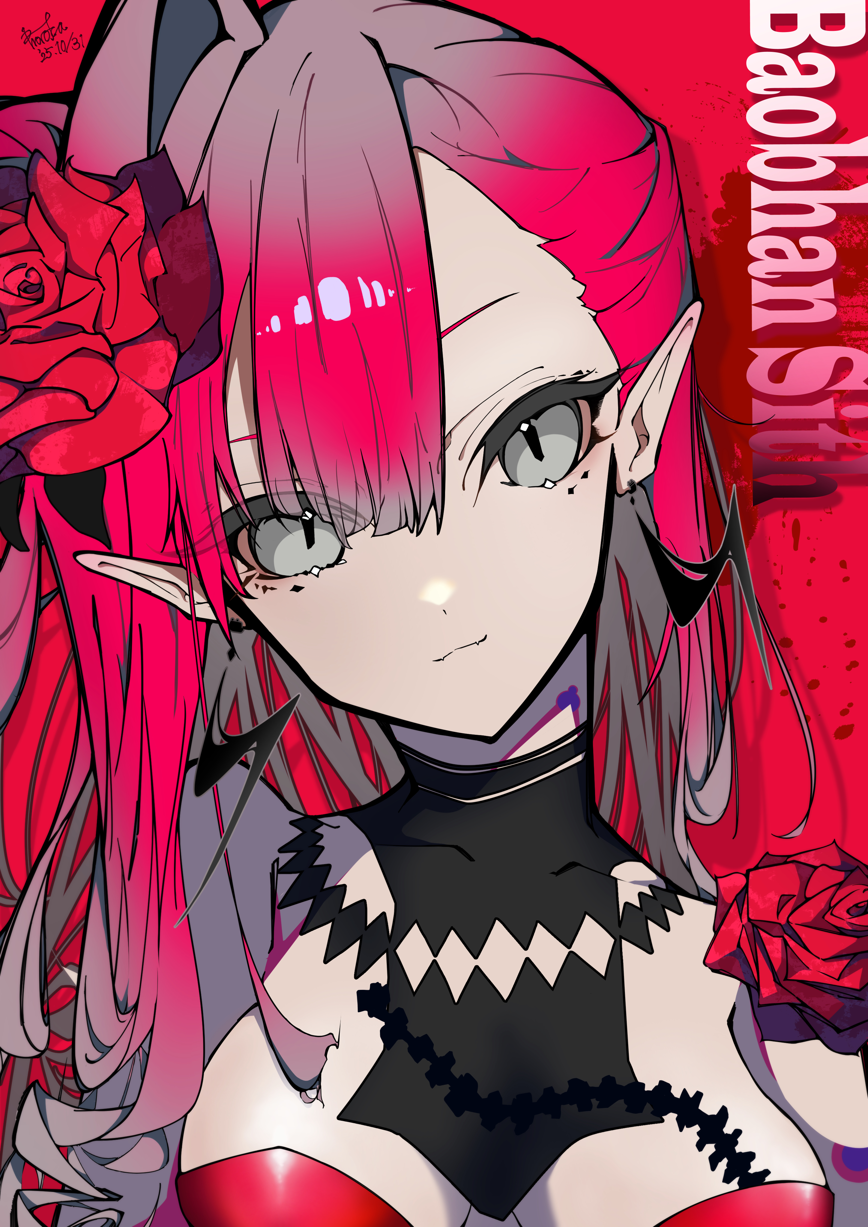 woroka mis, baobhan sith (celebratory attire) (fate), baobhan sith (fate), fate/grand order, fate (series), absurdres, highres, 1girl, bare shoulders, breasts, character name, cleavage, detached collar, dress, earrings, flower, grey eyes, jewelry, large breasts, long hair, looking at viewer, pink hair, pointy ears, red dress, rose, smile, solo