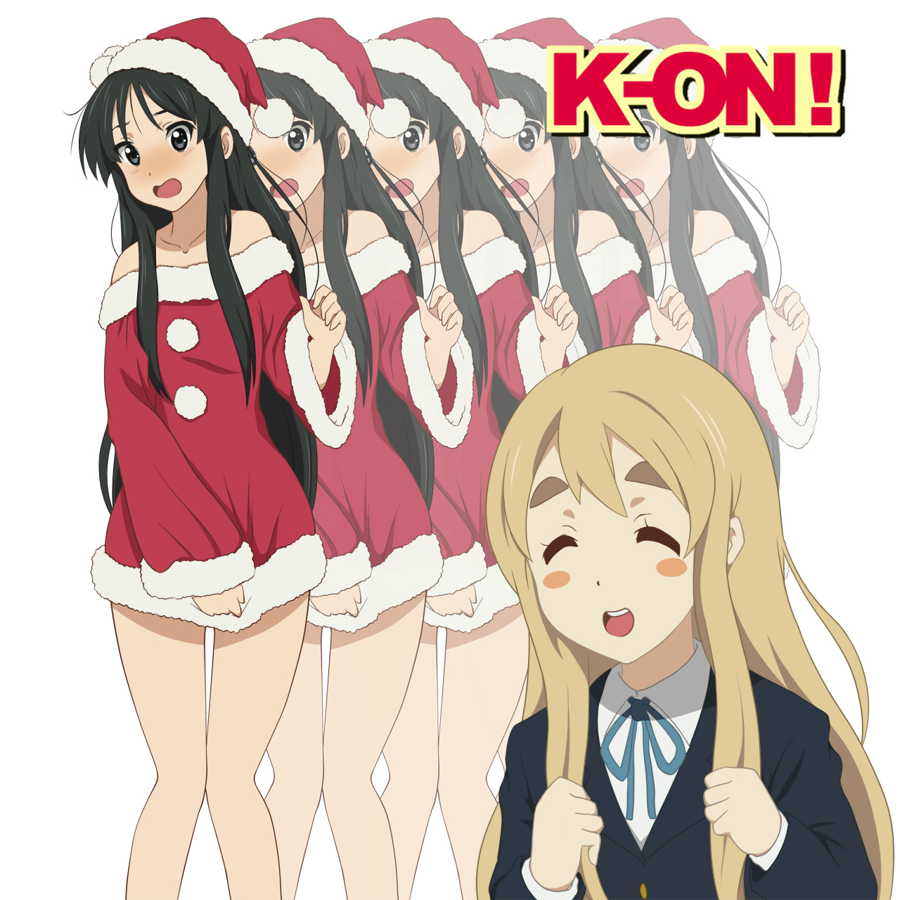 matthew (artist), akiyama mio, kotobuki tsumugi, k-on!, eyebrows, highres, 00s, 2girls, bare shoulders, black eyes, black hair, blonde hair, blush, closed eyes, long hair, multiple girls, santa costume, school uniform
