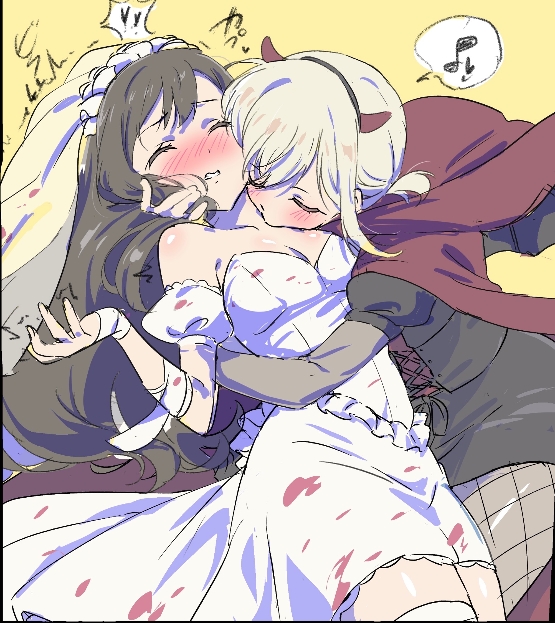 or2 (sahr7857), inoue takina, nishikigi chisato, lycoris recoil, commentary, highres, symbol-only commentary, 2girls, black dress, black hair, blonde hair, blood, blood on face, breasts, cape, cleavage, detached sleeves, dress, horns, hug, long hair, medium breasts, multiple girls, musical note, red cape, short hair, spoken musical note, strapless, strapless dress, vampire, wedding dress, white dress, yuri