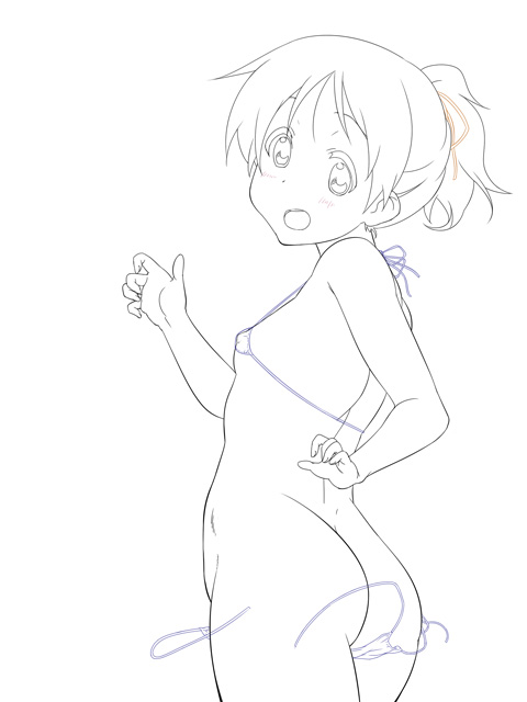kotobuki hajime, hirasawa ui, k-on!, 00s, 1girl, ass, back, bikini, blush, butt crack, female focus, flat chest, from behind, greyscale, lineart, looking back, micro bikini, monochrome, open mouth, ponytail, round teeth, side-tie bikini bottom, solo, swimsuit, teeth, wardrobe malfunction