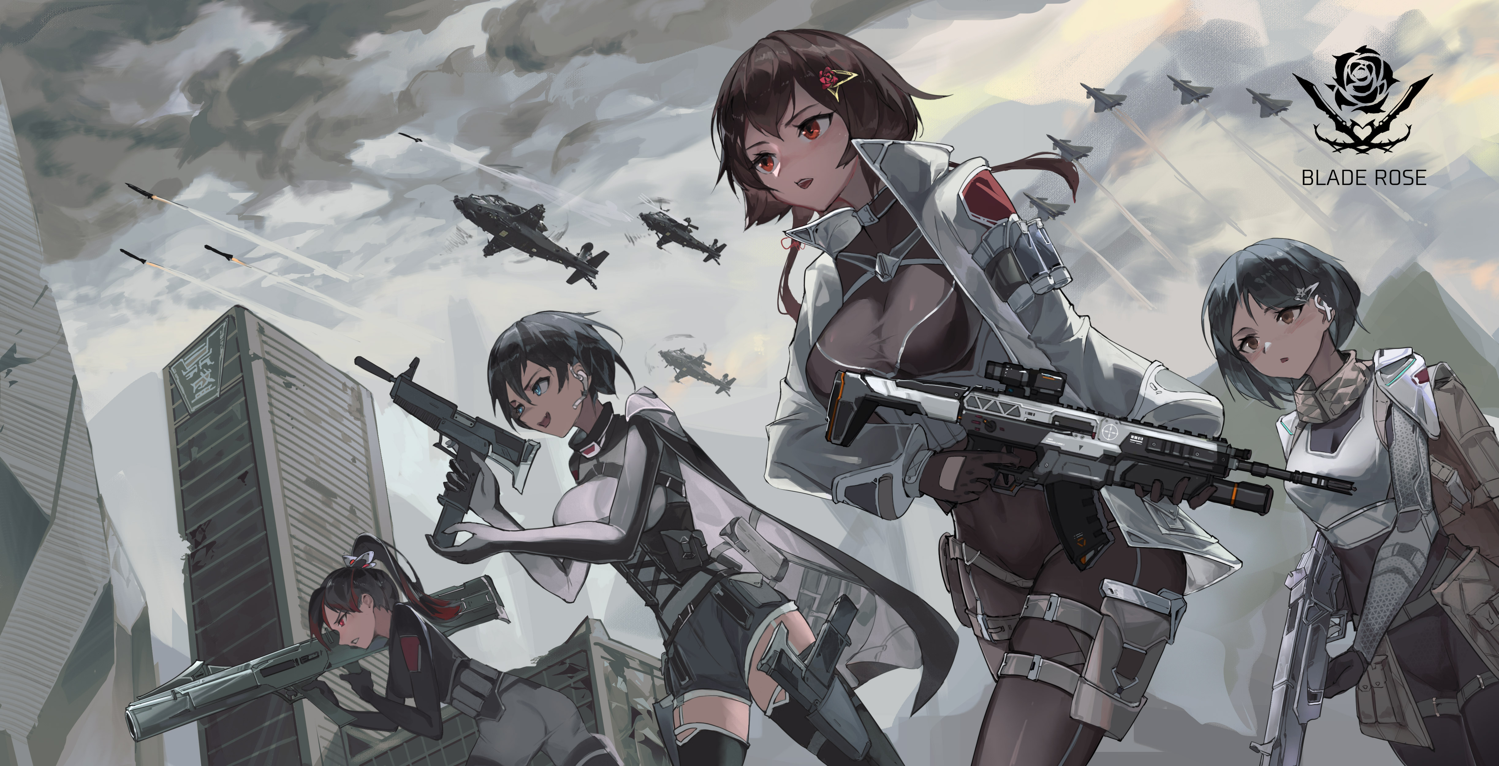 youlan, original, absurdres, aircraft request, commentary request, highres, 4girls, aircraft, assault rifle, black hair, black shorts, black thighhighs, blue eyes, bodysuit, breasts, brown bodysuit, cloud, cloudy sky, coat, covered navel, cowboy shot, earpiece, from below, garter straps, gun, helicopter, high ponytail, holding, holding gun, holding weapon, holster, leaning forward, medium breasts, missile, multiple girls, ponytail, red streaks, rifle, ruins, science fiction, short hair, shorts, sky, submachine gun, thigh holster, thighhighs, weapon, white coat, white garter straps