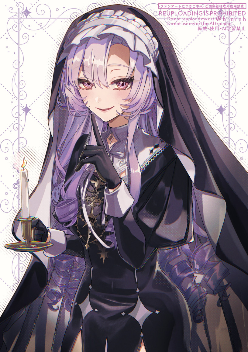haruna (hrnrnh), hyakumantenbara salome, nijisanji, 1girl, black dress, black gloves, black veil, candle, dress, gloves, hair between eyes, hyakumantenbara salome (4th costume), jewelry, juliet sleeves, long hair, long sleeves, looking at viewer, nun, official alternate costume, puffy sleeves, purple eyes, purple hair, ringlets, sidelocks, sleeve cuffs, smile, solo, veil, virtual youtuber, watermark, white background