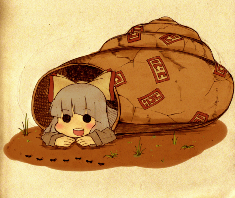 yaza, fujiwara no mokou, touhou, silver hair, bad id, bad pixiv id, 1girl, :d, ant, blush, bow, bug, chibi, cosplay, female focus, hair ribbon, happy, long hair, lying, on stomach, open mouth, ribbon, shell, smile, snail, snail (cosplay), solo