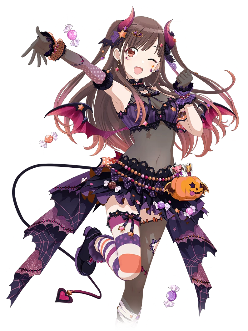 sonoda chiyoko, idolmaster, idolmaster shiny colors, idolmaster shiny colors song for prism, official art, 1girl, asymmetrical gloves, asymmetrical legwear, bat hair ornament, breasts, brown hair, candy, cleavage, demon horns, demon tail, demon wings, facial mark, food, gloves, hair ornament, halloween, heart, high heels, horns, multicolored hair, navel, one eye closed, one leg raised, open mouth, pumpkin, red eyes, red hair, see-through clothes, solo, spider web print, tail, twintails, wings