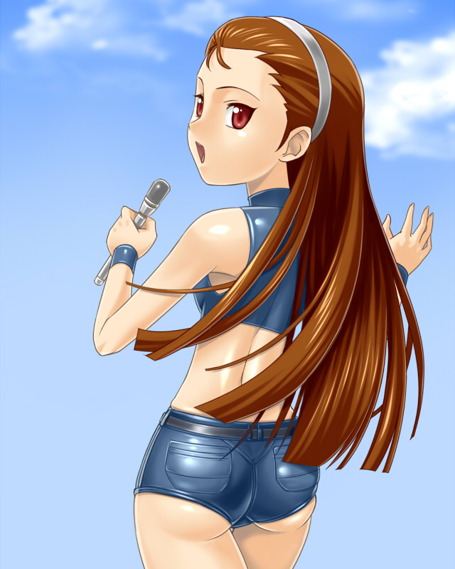 muhi11234, minase iori, idolmaster, idolmaster (classic), 00s, 1girl, ass, brown hair, cloud, day, female focus, hairband, halterneck, loli, long hair, looking back, microphone, red eyes, short shorts, shorts, sky, solo, strapless, tube top