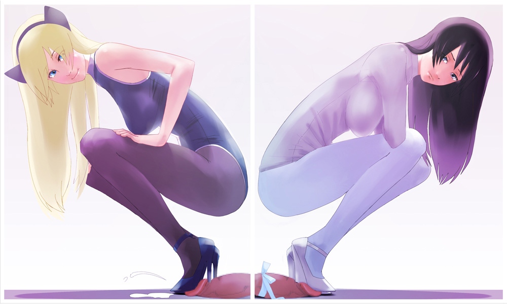 majoora, fatina, fatina (druaga), kaaya (druaga), ki (druaga), babylonian castle saga, bandai namco, druaga no tou, 2girls, animal ears, black eyes, black hair, black pantyhose, blonde hair, blue eyes, bored, censored, cum, ejaculation, feet, femdom, footjob, hand on own thigh, high heels, leotard, long hair, mosaic censoring, multiple girls, pantyhose, penis, penis ornament, penis ribbon, penis torture, ribbon, shoejob, shoes, smile, split screen, trample, white pantyhose