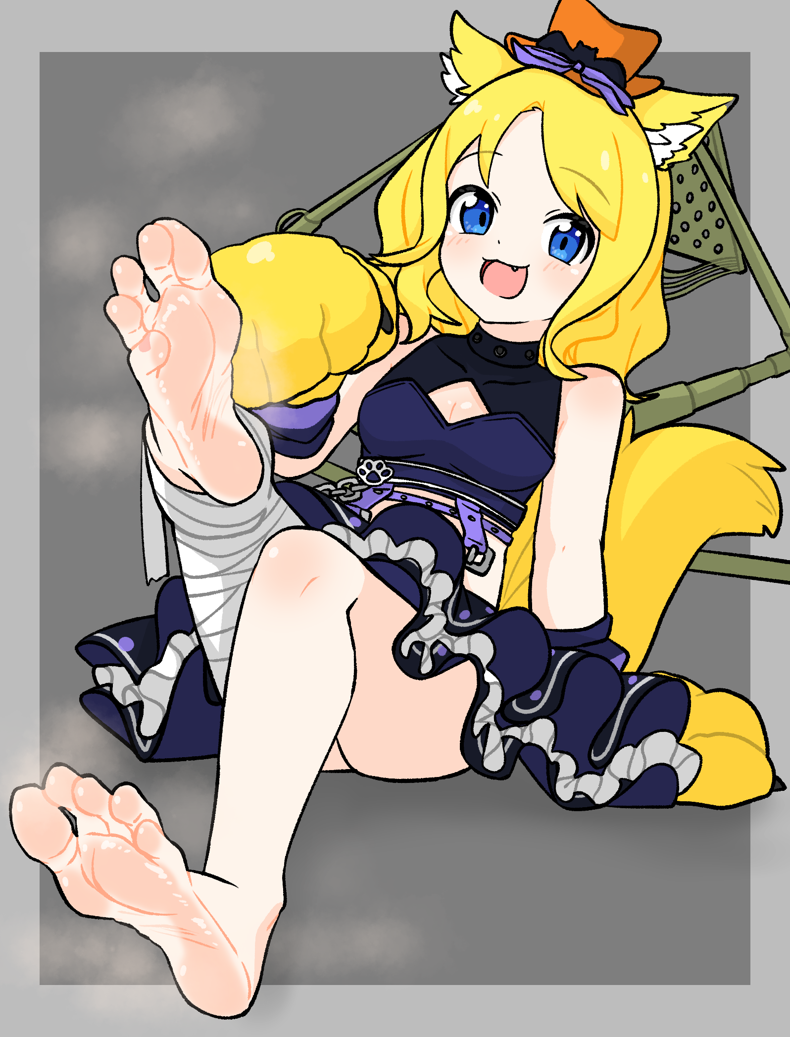 nairo, highres, 1girl, animal ears, bandages, barefoot, blonde hair, blue eyes, feet, light blush, looking at viewer, medium hair, open mouth, soles, tail, toes