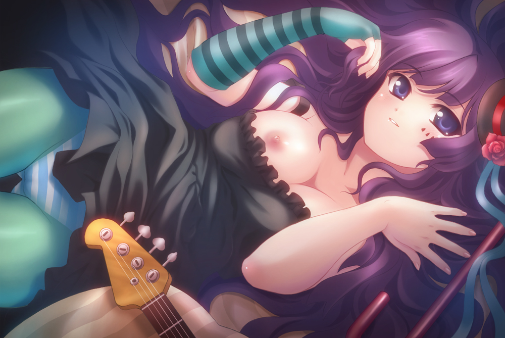 mini koala, mini koara, akiyama mio, don't say "lazy", k-on!, bad id, bad pixiv id, 00s, 1girl, aqua pantyhose, bass guitar, black eyes, black hair, blue pantyhose, blunt bangs, breasts, cane, dress, female focus, gloves, hat, hime cut, instrument, large breasts, long hair, mini hat, mini top hat, nipple slip, nipples, panties, panties under pantyhose, pantyhose, pantyshot, single glove, solo, striped clothes, striped panties, top hat, underwear, wardrobe malfunction