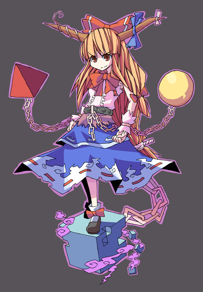 yaza, ibuki suika, touhou, bad id, bad pixiv id, 1girl, blonde hair, chain, female focus, full body, grey background, horns, long hair, red eyes, ribbon, solo, standing