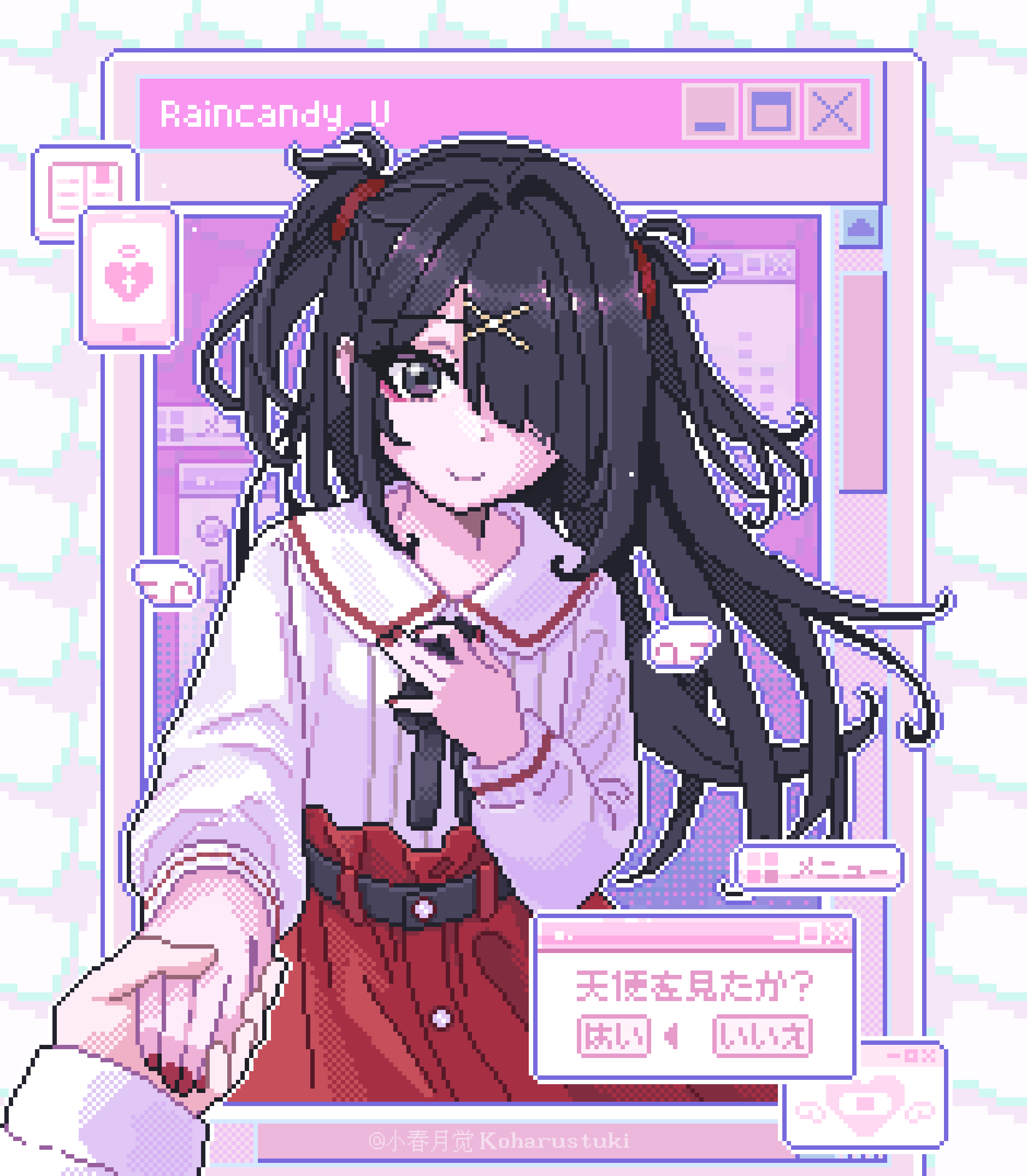 koharustuki, ame-chan (needy girl overdose), needy girl overdose, absurdres, highres, 1girl, 1other, angel wings, artist name, belt, black eyes, black hair, character name, collared shirt, detached wings, diagonal bangs, dress, floating hair, hair ornament, hair over one eye, hand on own chest, holding hands, long hair, long sleeves, looking at viewer, mini wings, nail polish, neck ribbon, pixel art, pov, pov hands, red nails, red skirt, ribbon, shirt, shirt tucked in, skirt, smile, solo focus, sparkle, two side up, user interface, white shirt, window (computing), wings, x hair ornament