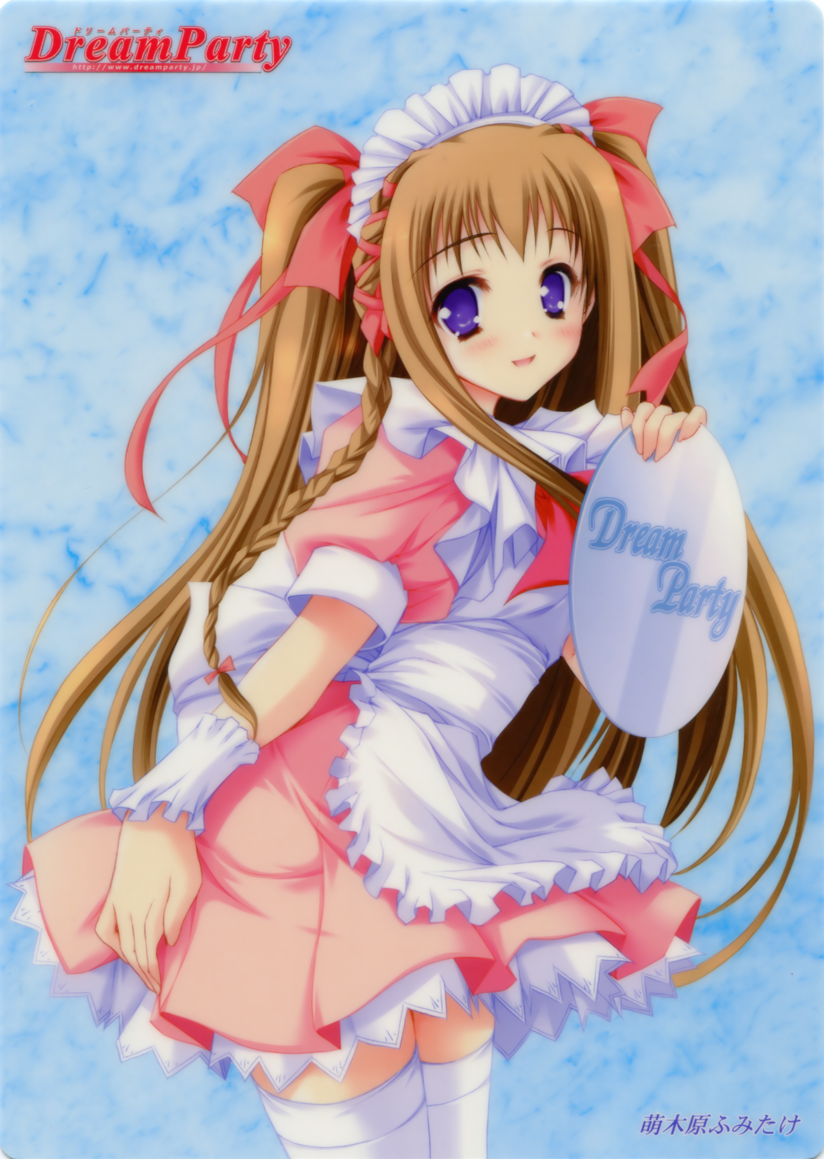 moekibara fumitake, dreamparty, absurdres, highres, 1girl, blush, braid, brown hair, lingerie, long hair, open mouth, petticoat, purple eyes, thighhighs, tray, underwear, waitress, white thighhighs