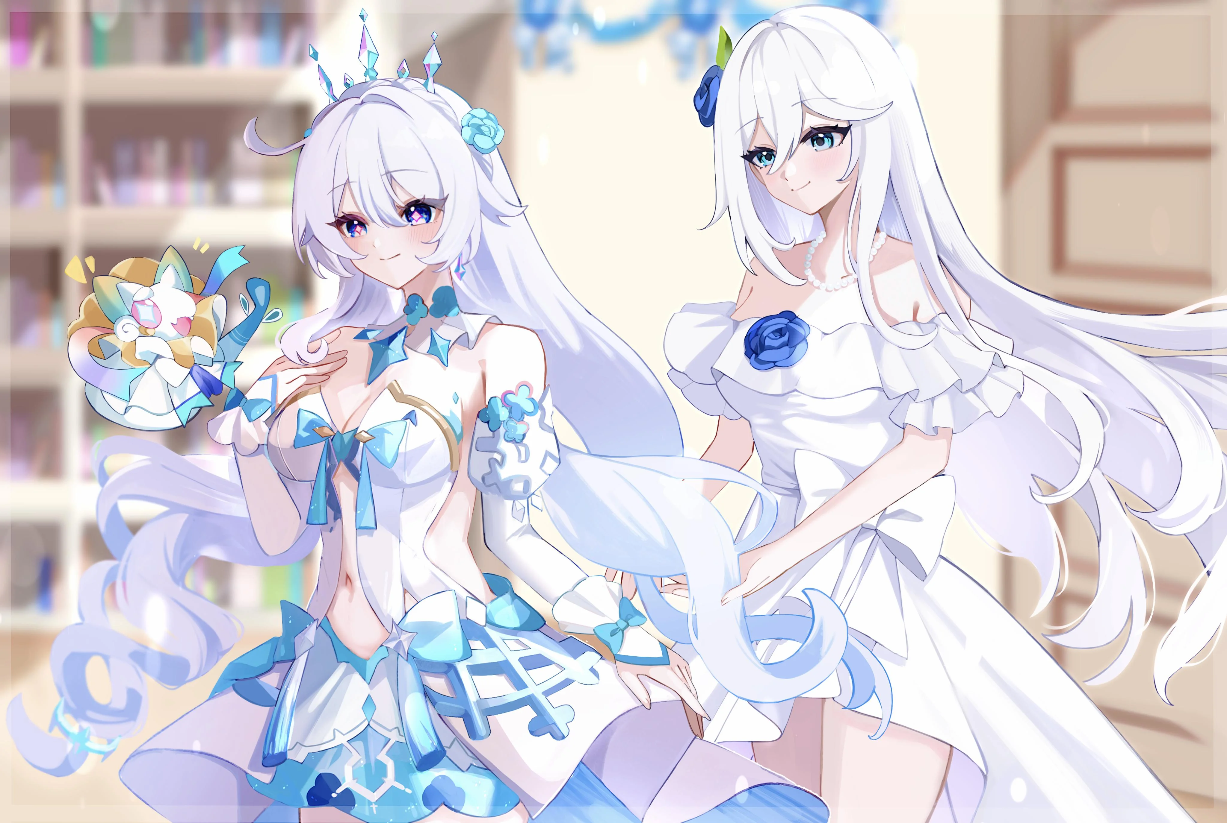tdatnst, cecilia schariac, kiana kaslana, kiana kaslana (ba-dum! fiery wishing star), honkai (series), honkai impact 3rd, absurdres, commission, highres, 2girls, ahoge, bare shoulders, blue eyes, blue flower, blue ribbon, breasts, cleavage, clothing cutout, detached collar, detached sleeves, drill hair, earrings, flower, hair between eyes, hair flower, hair ornament, indoors, jewelry, kiana kaslana (wintery wishes), long hair, medium breasts, mother and daughter, multiple girls, necklace, off shoulder, official alternate costume, pearl necklace, ribbon, smile, snake, star-shaped pupils, star (symbol), symbol-shaped pupils, tiara, very long hair, white hair