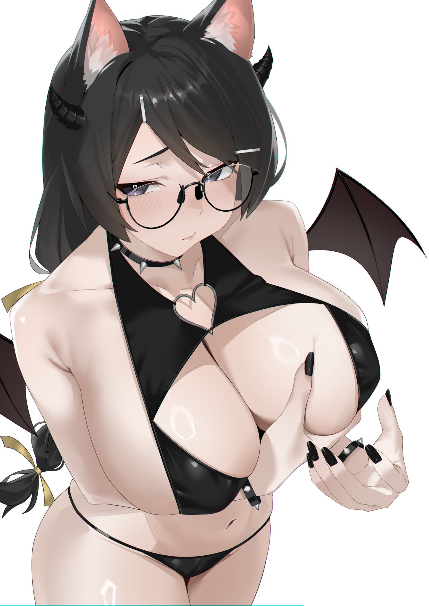 arril100, hanekawa tsubasa, monogatari (series), highres, 1girl, animal ears, bat wings, black hair, black nails, breasts, cat ears, cleavage cutout, clothing cutout, glasses, heart, heart-shaped pupils, large breasts, long hair, sideboob, simple background, solo, symbol-shaped pupils, white background, wings