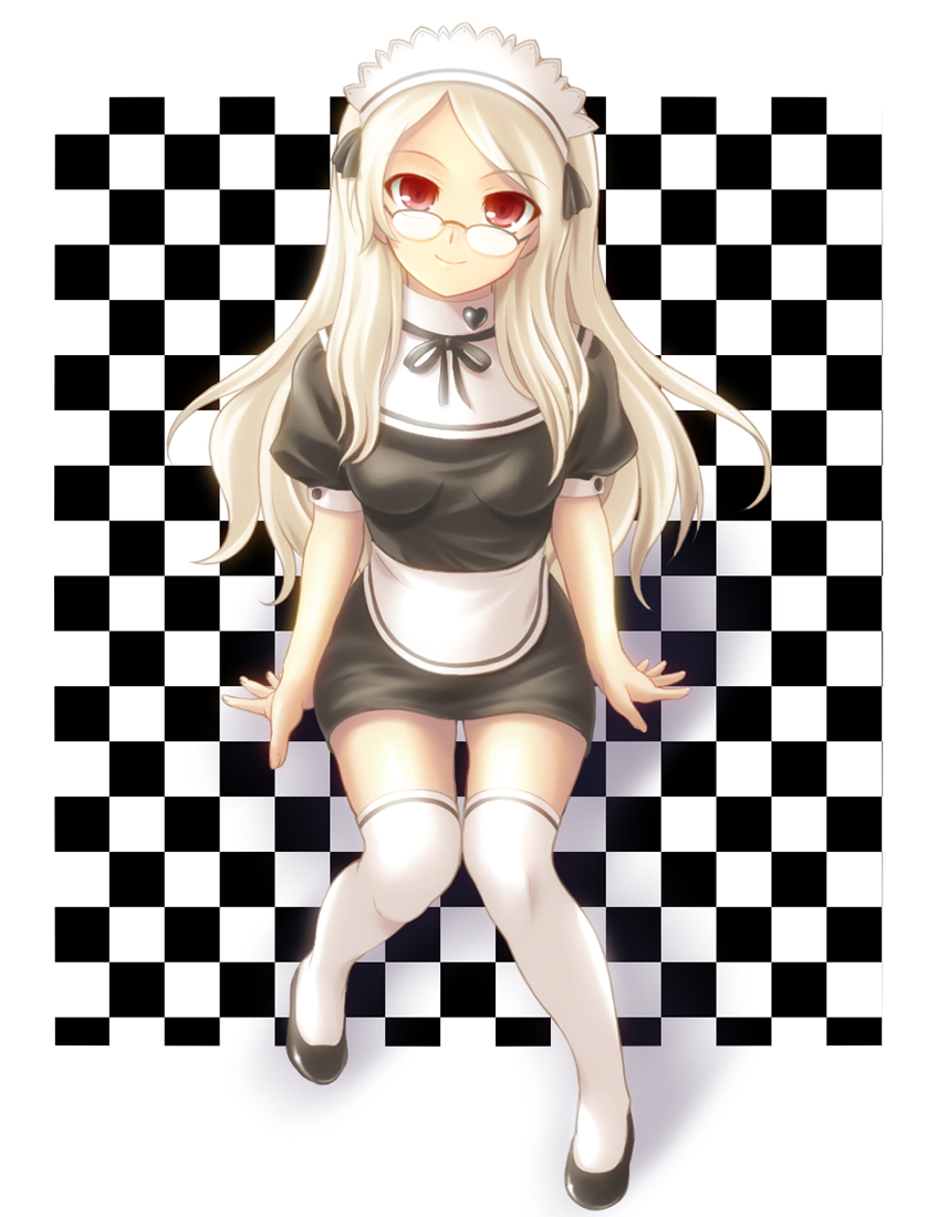 mini koala, original, bad id, bad pixiv id, glasses, hairband, long hair, looking up, maid, red eyes, sitting, smile, solo, thighhighs, waitress, white hair