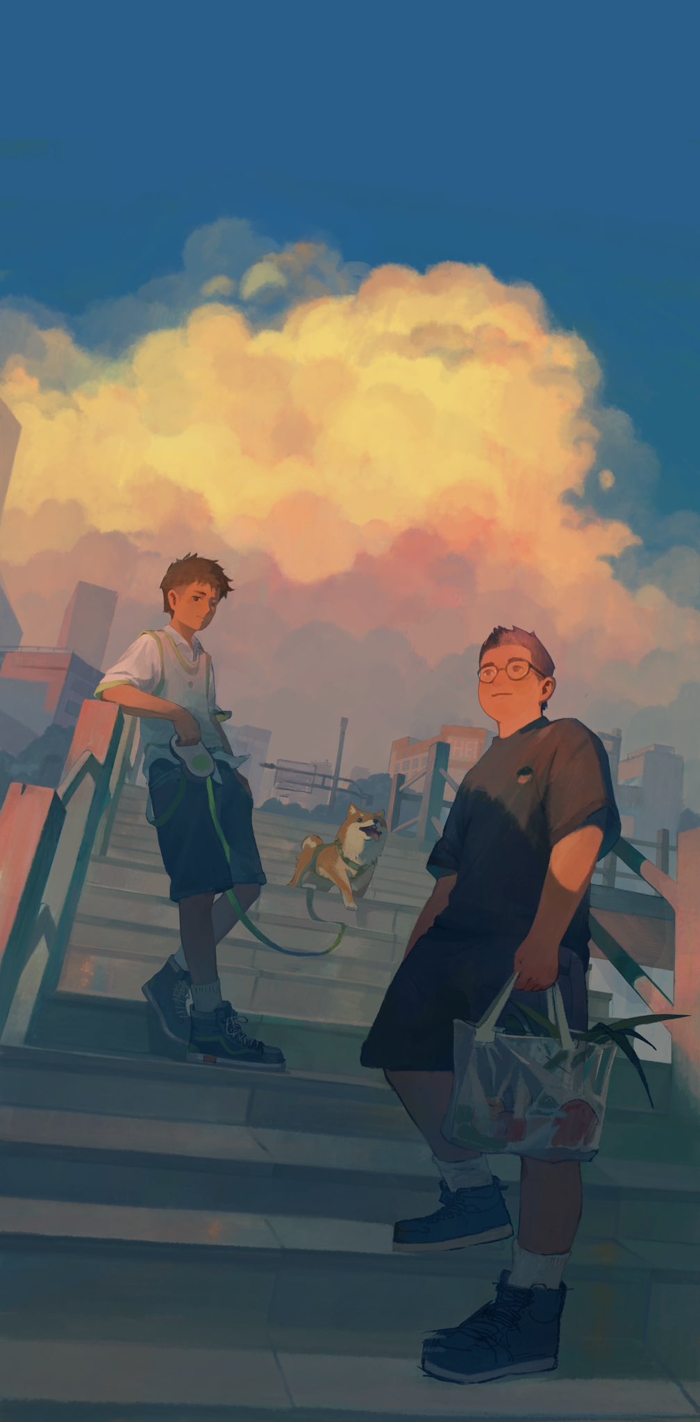 original, highres, 2boys, bag, black hair, black shirt, black shorts, cityscape, cloud, dog, glasses, golden hour, grey vest, groceries, height difference, holding, holding bag, holding leash, leash, looking at viewer, looking up, male focus, multiple boys, shirt, shoes, short hair, shorts, sky, sneakers, socks, stairs, transparent bag, undercut, vest, white shirt, white socks, zhouer13