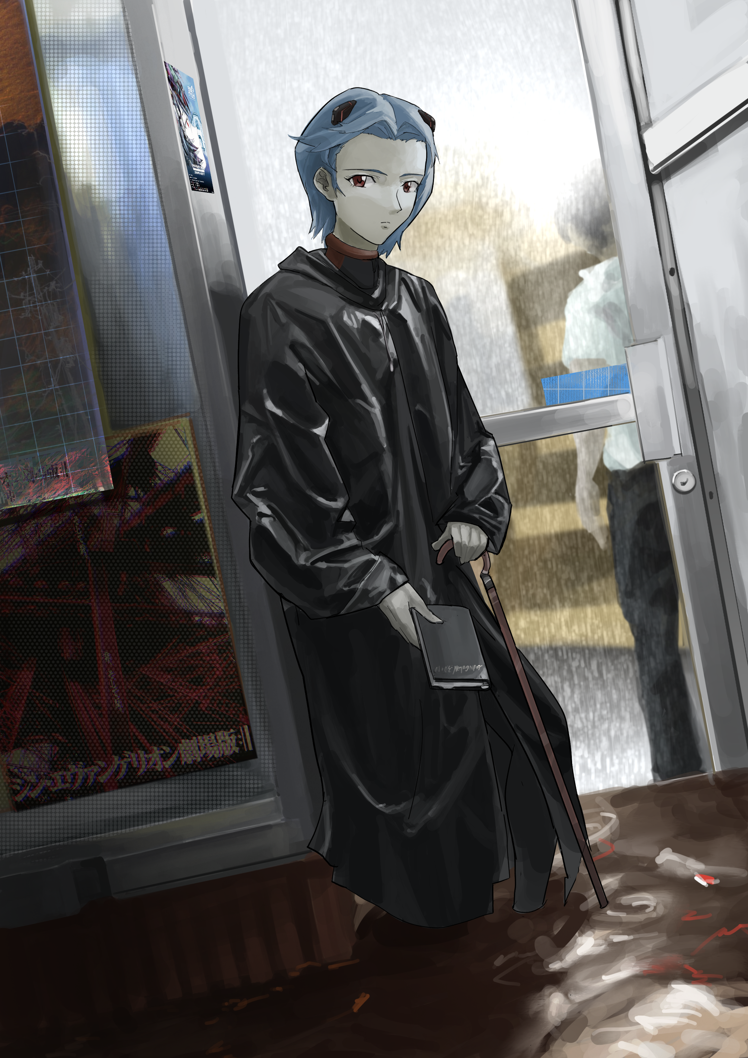 bin jiang, ayanami rei, ikari shinji, neon genesis evangelion, absurdres, commentary, highres, 1boy, 1girl, blue hair, cane, holding, holding cane, hood, hood down, interface headset (evangelion), red eyes, short hair