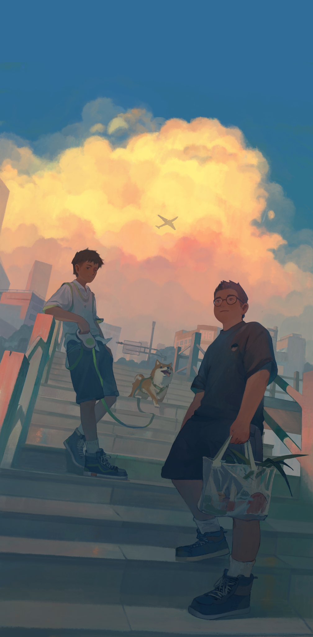 original, highres, 2boys, bag, black hair, black shirt, black shorts, cityscape, cloud, dog, glasses, golden hour, grey vest, groceries, height difference, holding, holding bag, holding leash, leash, looking at viewer, looking up, male focus, multiple boys, shirt, shoes, short hair, shorts, sky, sneakers, socks, stairs, transparent bag, undercut, vest, white shirt, white socks, zhouer13