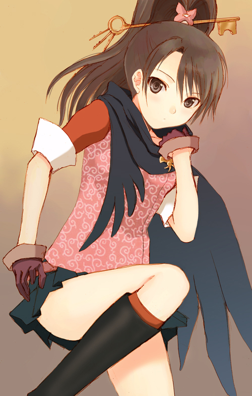 seiru (prairie), kay faraday, ace attorney, ace attorney investigations, capcom, brown eyes, brown hair, gloves, key, ponytail, scarf, skirt, solo