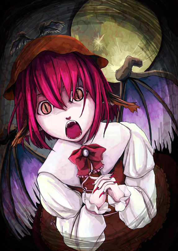 zuka, zuka (artist), mystia lorelei, touhou, 1girl, animal ears, creepy, female focus, hat, horror (theme), moon, pink hair, short hair, slit pupils, solo, wings
