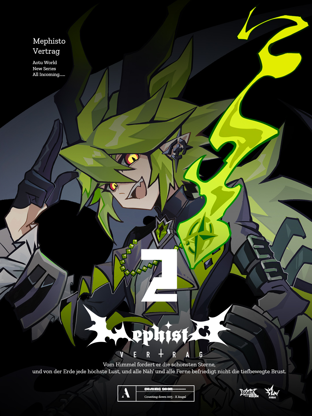 qi chuang she, xander (aotu world), aotu world, chinese commentary, commentary, english commentary, highres, mixed-language commentary, official art, 1boy, :d, ahoge, alternate costume, arm belt, ascot, black ascot, black background, black gloves, black jacket, copyright name, demon boy, demon horns, demon wings, ear piercing, earrings, english text, fang, fire, frilled sleeves, frills, gem, gloves, green fire, green gemstone, green hair, grey shirt, hair between eyes, half gloves, halloween costume, hand up, horns, jacket, jewelry, long hair, long sleeves, looking at viewer, low ponytail, male focus, multicolored eyes, open mouth, piercing, pointy ears, ponytail, red eyes, salute, shirt, sidelocks, slit pupils, smile, solo, teeth, tongue, wings, yellow eyes