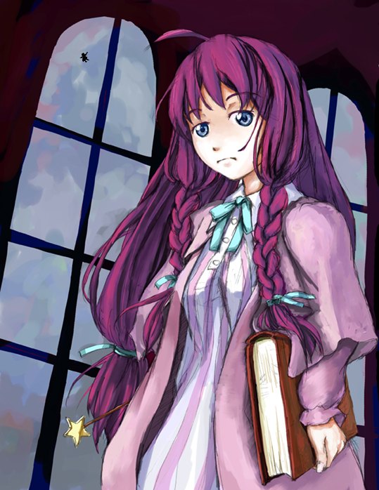 zuka (artist), patchouli knowledge, touhou, 1girl, blue eyes, book, braid, female focus, indoors, long hair, purple hair, sky, solo, twin braids, window