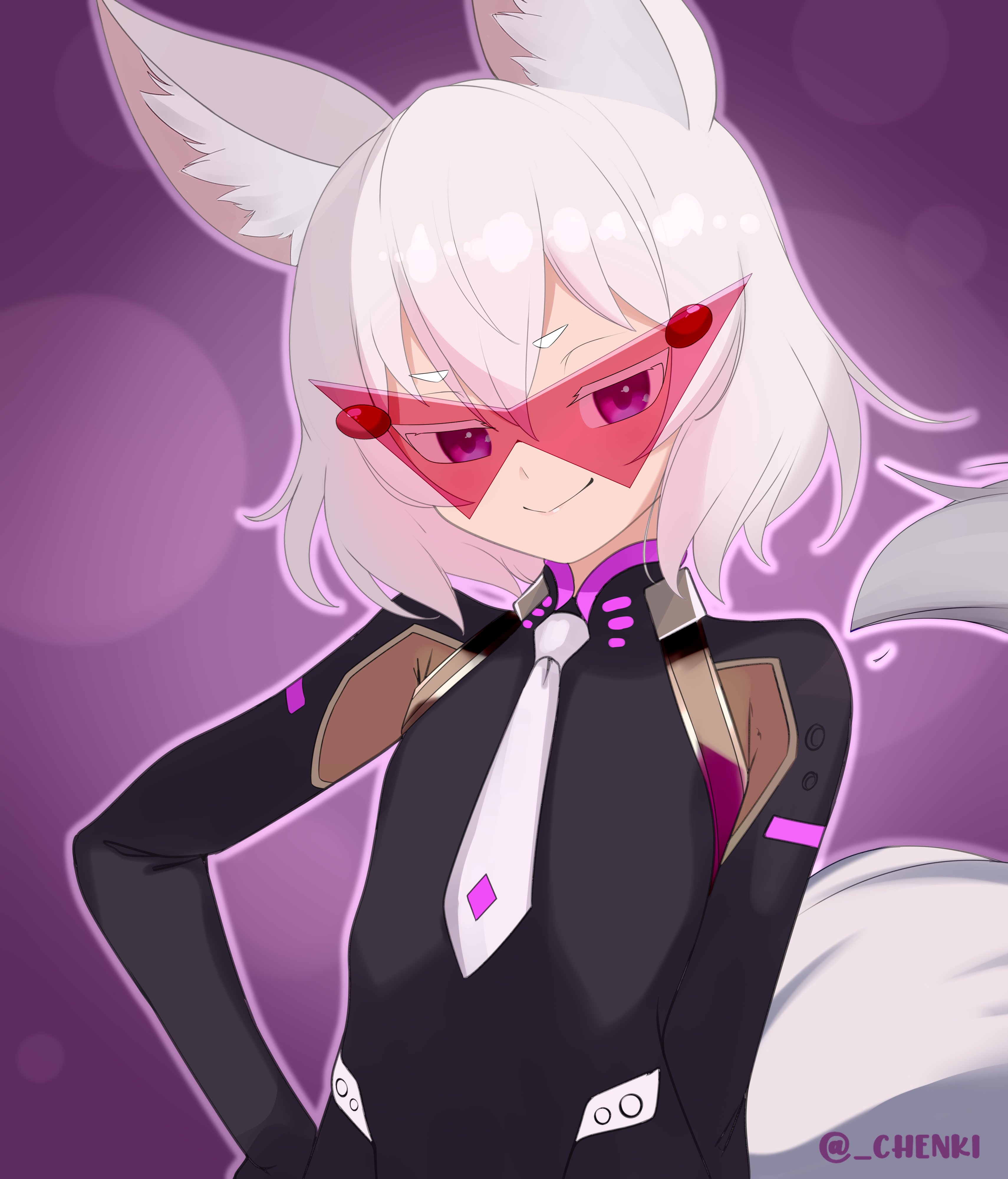 chenki (chenki), tenma maemi, phase connect, absurdres, highres, revision, 1girl, animal ears, closed mouth, fox ears, fox girl, fox tail, looking at viewer, necktie, purple eyes, short hair, smile, solo, tail, thick eyebrows, thick eyelashes, virtual youtuber, white hair, white necktie