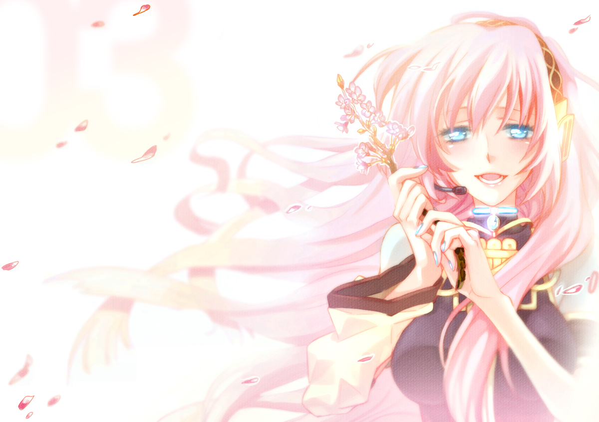 ayto, megurine luka, vocaloid, bad id, bad pixiv id, 1girl, blue eyes, blue nails, branch, female focus, flower, headset, nail polish, petals, pink hair, solo, wind