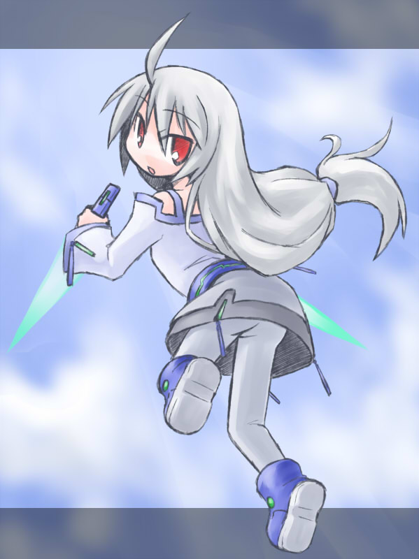 kugelschreiber, suguri (orange juice), 100% orange juice, suguri, silver hair, 1girl, long hair, looking back, red eyes, sword, weapon