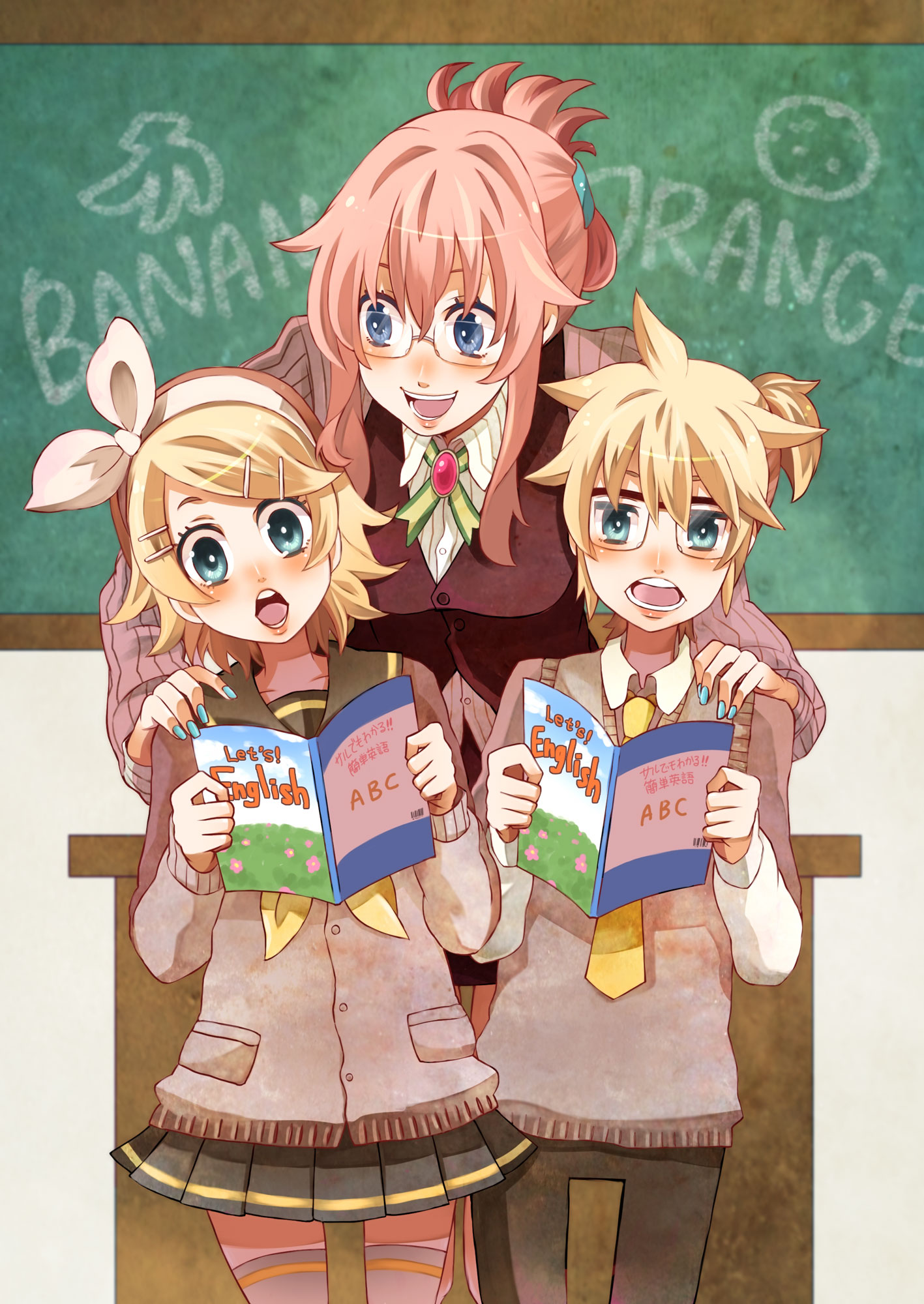 tako (takoyakill), takoyakill, kagamine len, kagamine rin, megurine luka, vocaloid, highres, 1boy, 2girls, aqua eyes, blonde hair, blue eyes, book, english text, glasses, hair ornament, hair ribbon, hairclip, long hair, multiple girls, necktie, open mouth, pink hair, ribbon, school uniform, short hair, siblings, skirt, smile, thighhighs, twins, yellow necktie, zettai ryouiki