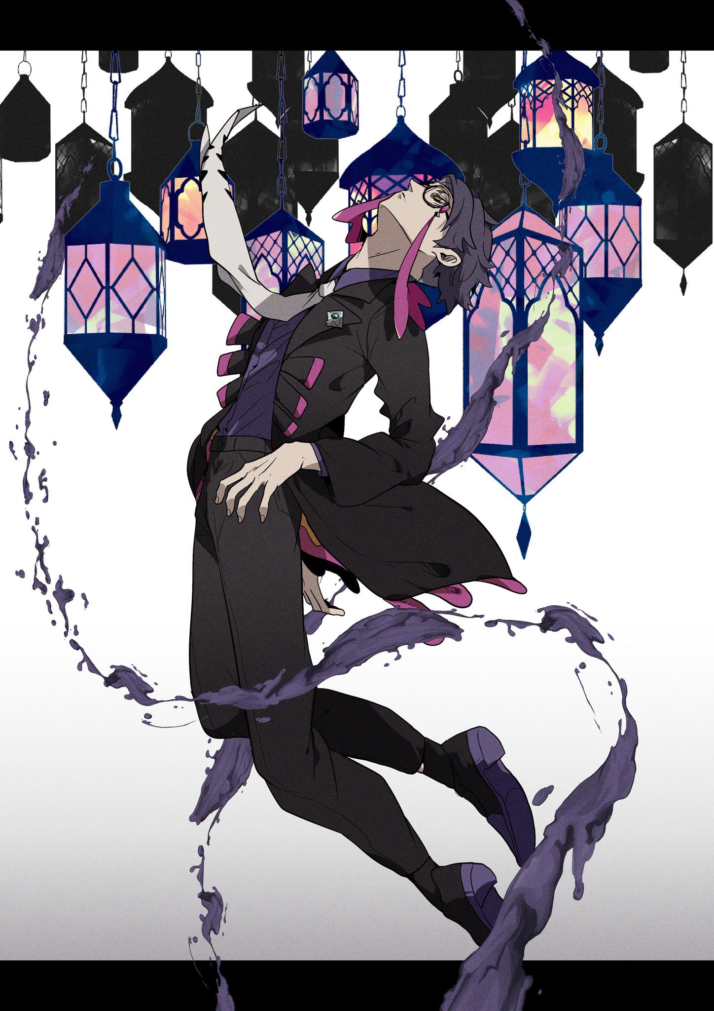 omothi pkmn, corbeau (pokemon), nintendo, pokemon, pokemon legends: z-a, commentary request, highres, 1boy, adam's apple, belt, belt buckle, black-framed eyewear, black belt, black coat, black pants, black shoes, buckle, coat, dress shoes, floating neckwear, full body, glasses, hanging lantern, lantern, lapels, letterboxed, long sleeves, male focus, necktie, open clothes, open coat, pants, purple hair, round eyewear, shoes, short hair, solo, white background