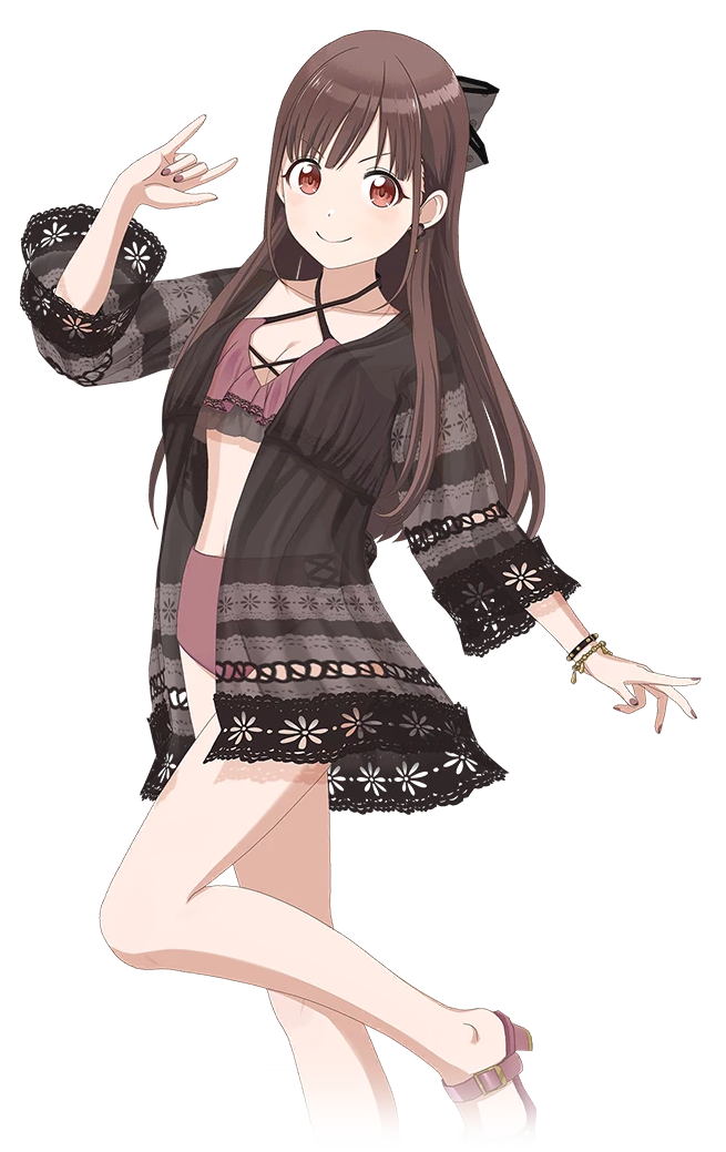 sonoda chiyoko, idolmaster, idolmaster shiny colors, idolmaster shiny colors song for prism, official art, 1girl, bikini, breasts, brown hair, cleavage, earrings, high heel sandals, jewelry, nail polish, red eyes, robe, sandals, see-through clothes, smile, solo, swimsuit, transparent background