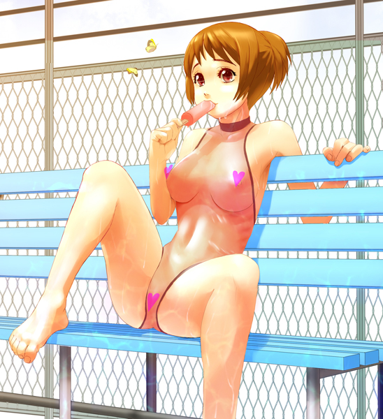 majoora, original, 1girl, barefoot, bench, breasts, brown eyes, brown hair, censored, feet, female focus, food, heart, large breasts, one-piece swimsuit, popsicle, see-through clothes, solo, swimsuit
