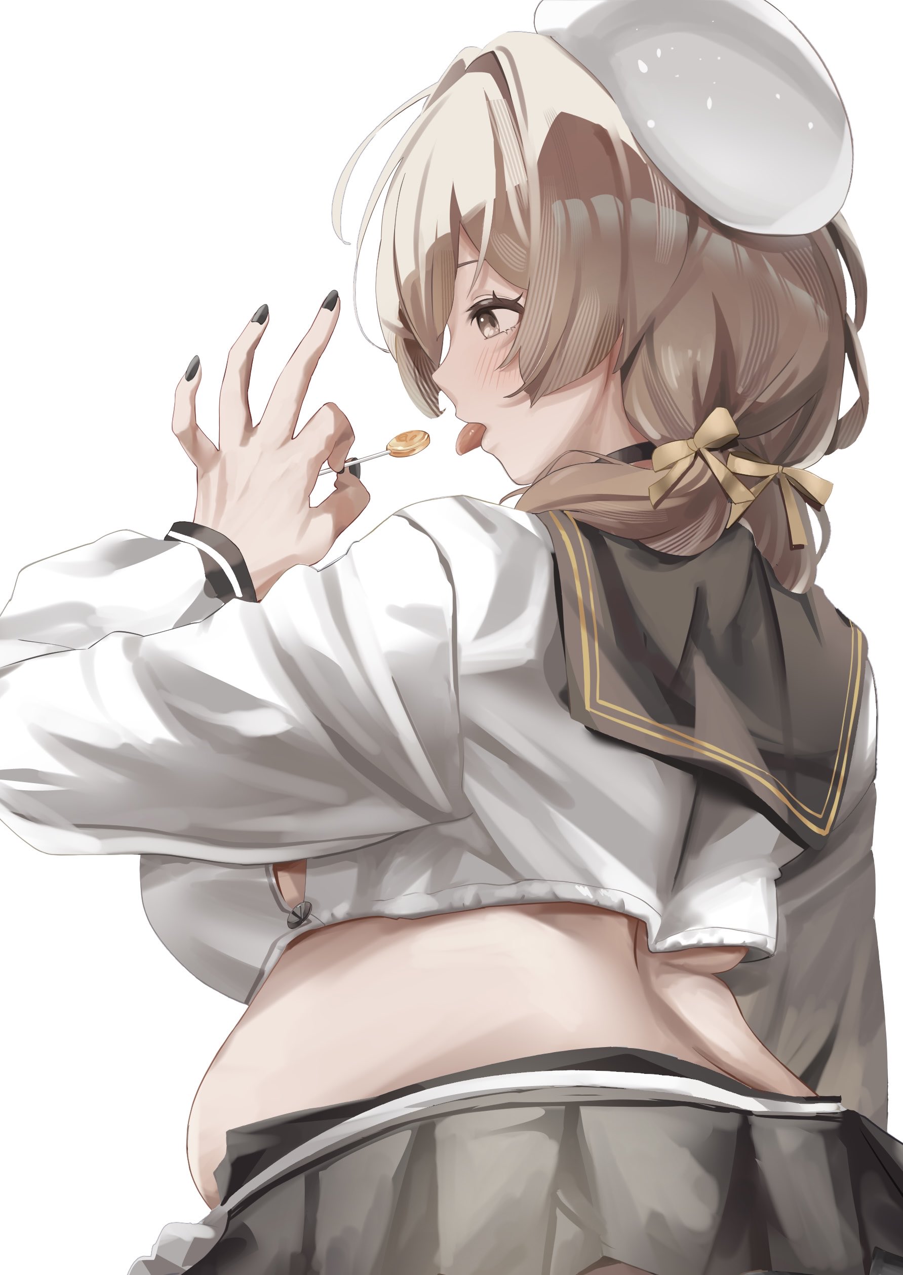 aobaryuu, bready (nikke), goddess of victory: nikke, absurdres, highres, 1girl, back, belly, beret, black nails, black skirt, blush, bow, brown bow, brown eyes, brown hair, candy, crop top, fellatio gesture, food, from side, hair bow, hair over shoulder, hat, holding candy, holding food, holding lollipop, lollipop, low twintails, medium hair, muffin top, plump, shirt, skirt, solo, tongue, tongue out, twintails, white background, white hat, white shirt