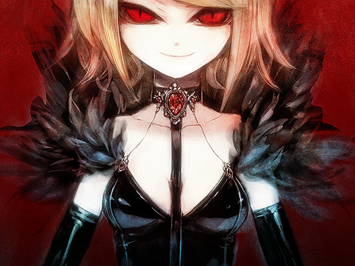 menou kururu, kagamine rin, vocaloid, 1girl, blonde hair, breasts, cleavage, elbow gloves, female focus, gloves, red eyes, short hair, small breasts, smile, solo