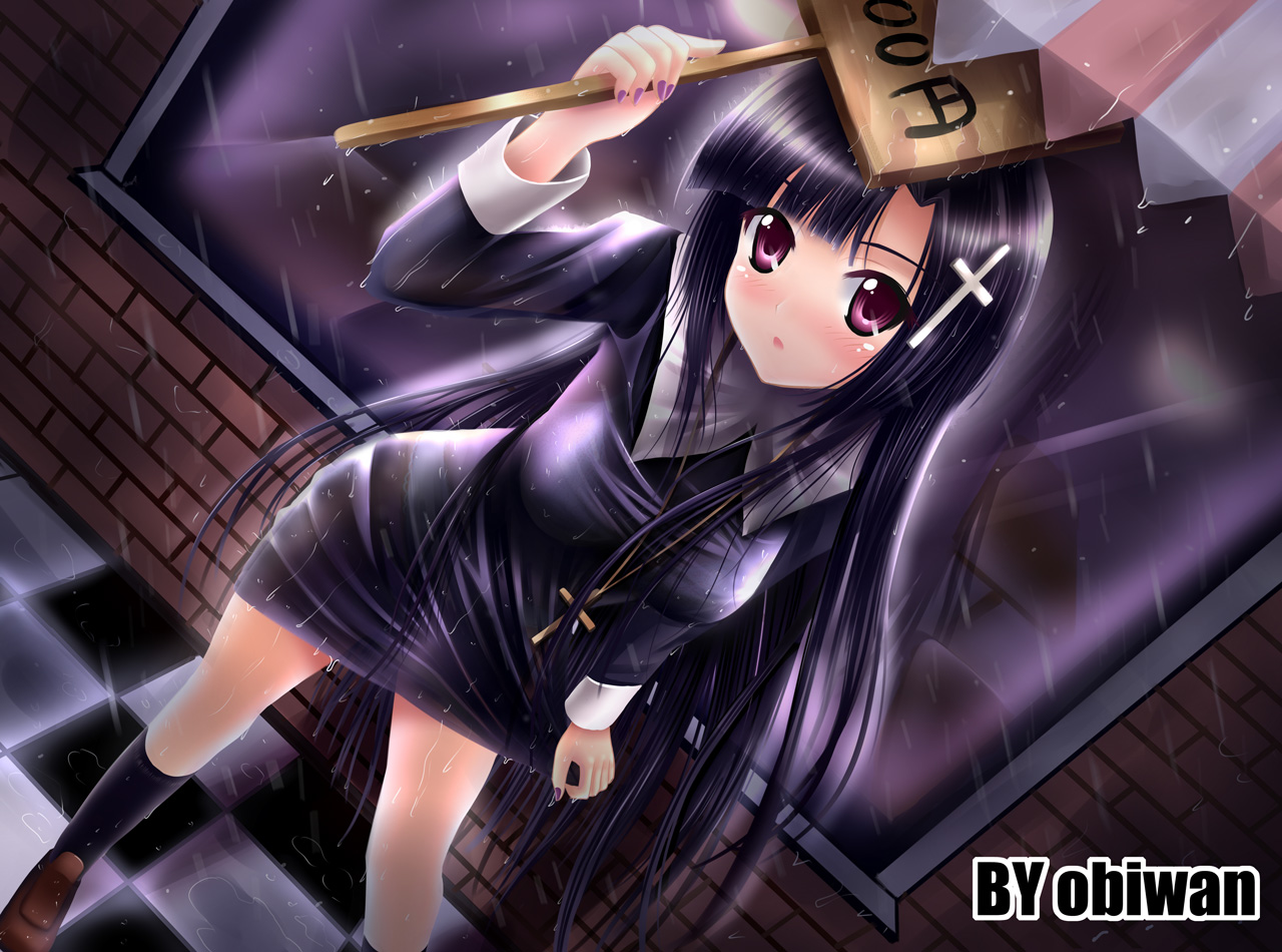 obiwan, zange, kannagi, 00s, 1girl, black hair, blush, checkered floor, clothes pull, cross, dutch angle, female focus, floor, holding, holding sign, long hair, nun, panties, pencil skirt, purple eyes, rain, red eyes, see-through clothes, sign, skirt, skirt pull, solo, underwear, very long hair, wet, wet clothes, window