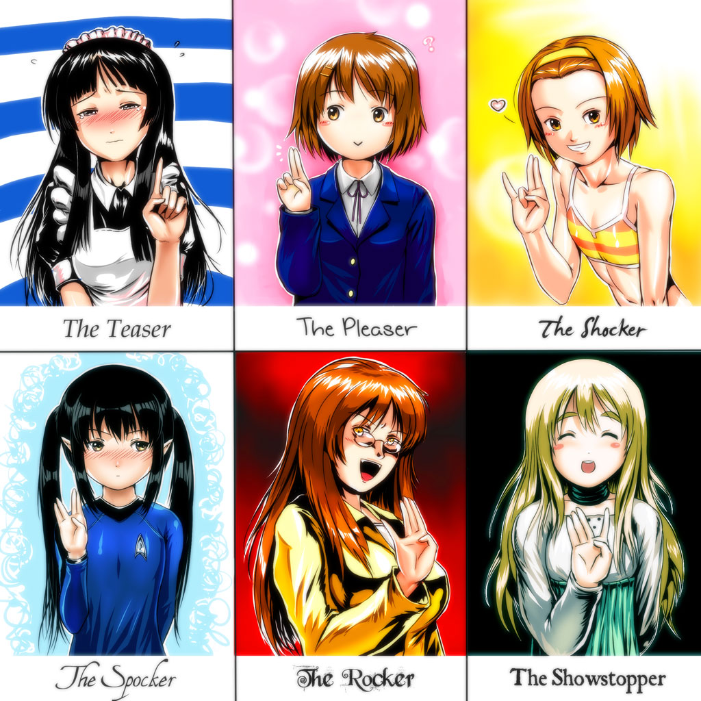 nishikawa ari, s zenith lee, akiyama mio, hirasawa yui, kotobuki tsumugi, nakano azusa, spock, tainaka ritsu, yamanaka sawako, k-on!, star trek, star trek: the original series, 6+girls, :>, alternate costume, bikini, black hair, blonde hair, blush, breasts, brown hair, chart, closed eyes, cosplay, crossover, english text, enmaided, food, gesture, ho-kago tea time, large breasts, long hair, maid, multiple girls, open mouth, parody, pointy ears, salute, school uniform, sexually suggestive, short hair, smile, spock (cosplay), striped bikini, striped clothes, swimsuit, vulcan salute