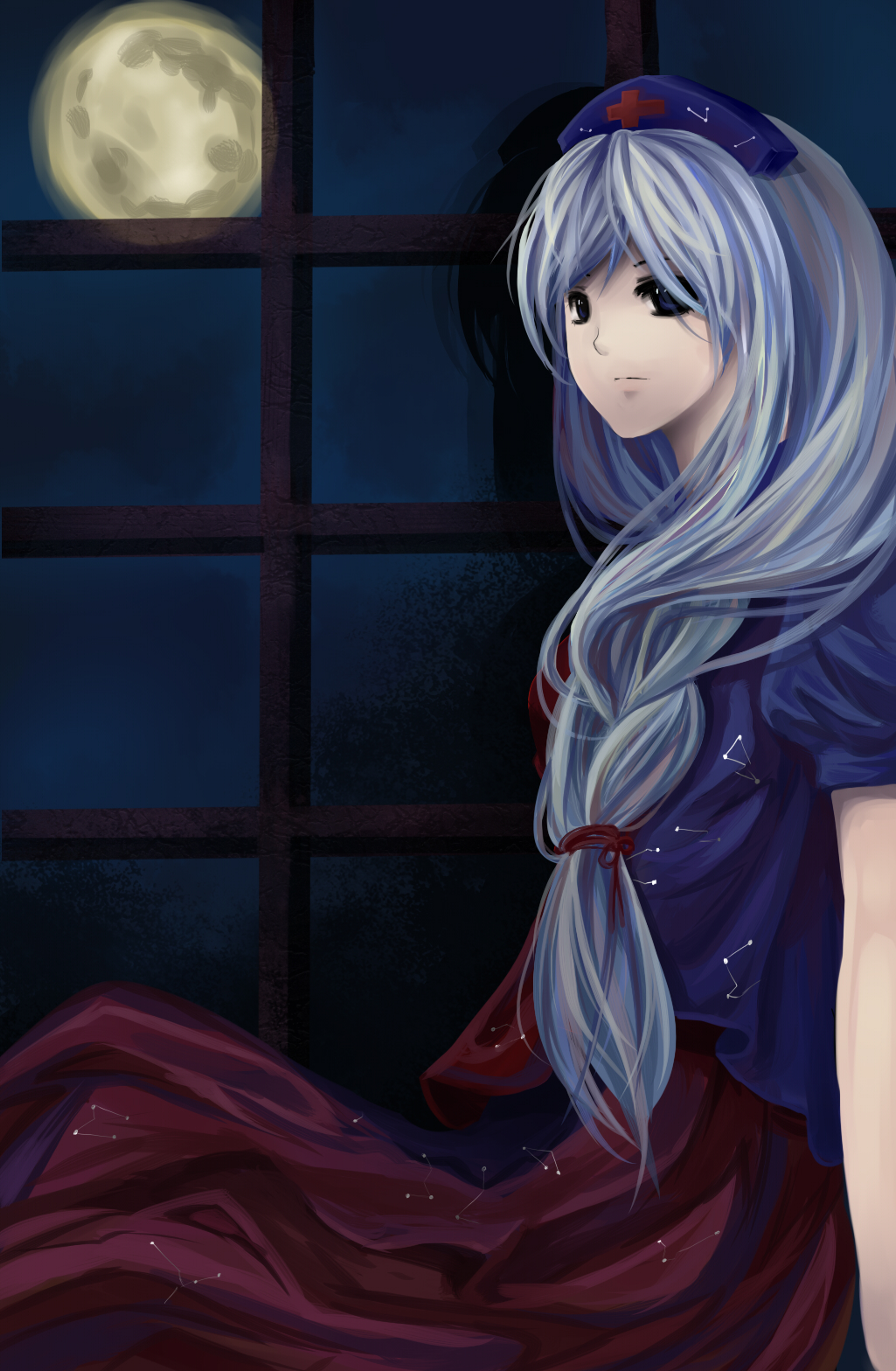 alfalfa, yagokoro eirin, touhou, silver hair, highres, 1girl, blue eyes, braid, female focus, hat, long hair, moon, sky, solo, window