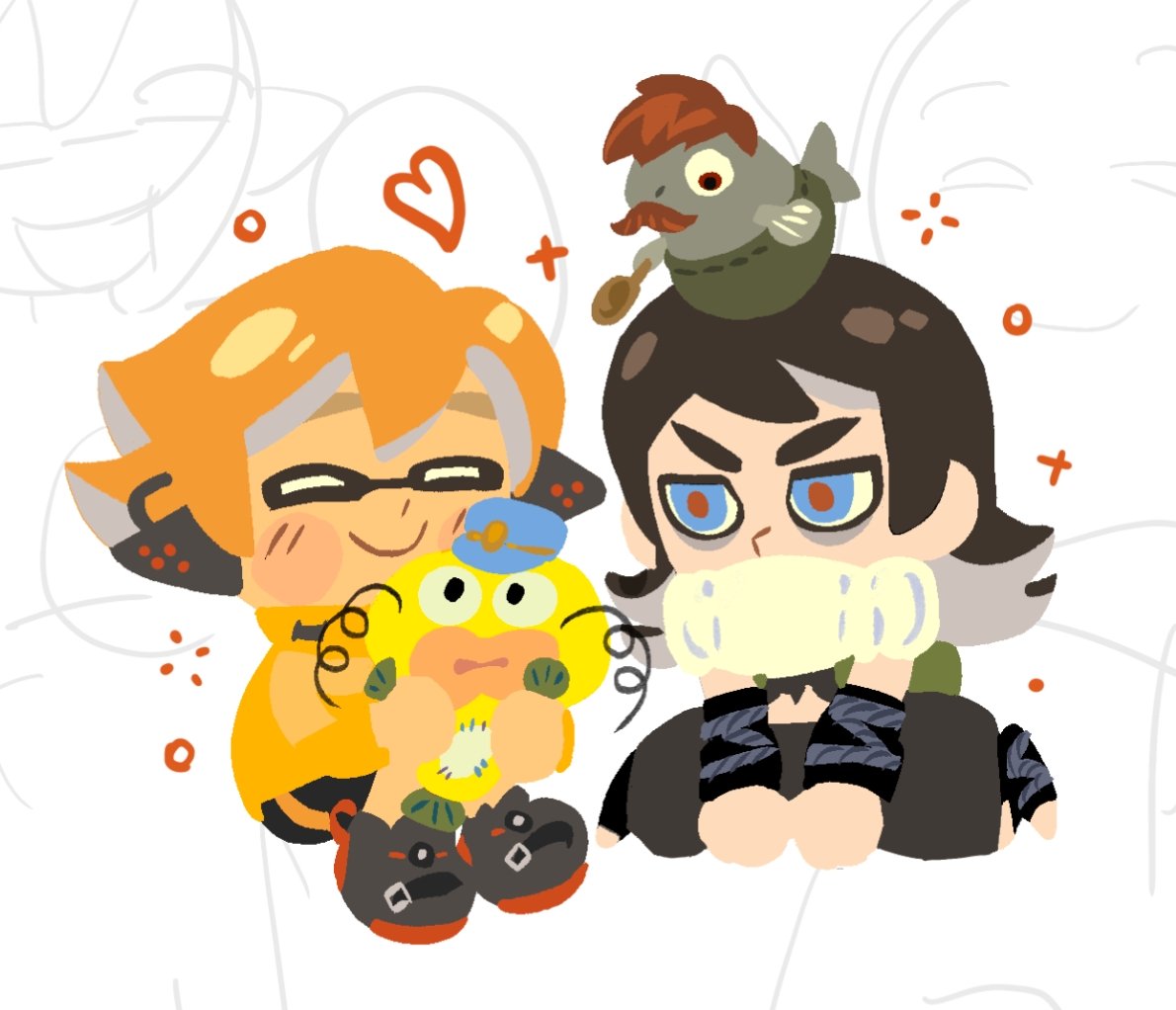 repeeksdnuorg, abaddon (haunted hotel), esther freeling, inkling girl, inkling player character, octoling boy, octoling player character, smallfry (splatoon), haunted hotel, nintendo, splatoon (series), character request, commentary, translation request, 1boy, 1girl, alternate species, blue eyes, brown hair, chibi, chinese text, long hair, no lineart, orange hair, short hair, simple background, sitting, tentacle hair, white background