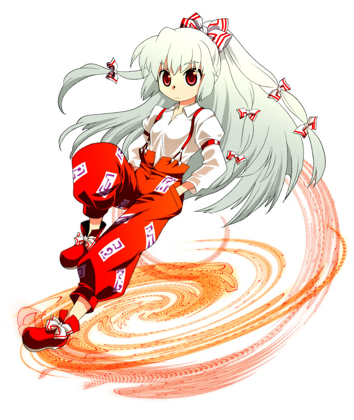 mgk968, fujiwara no mokou, touhou, silver hair, 1girl, bow, female focus, full body, hair ribbon, long hair, red eyes, ribbon, solo
