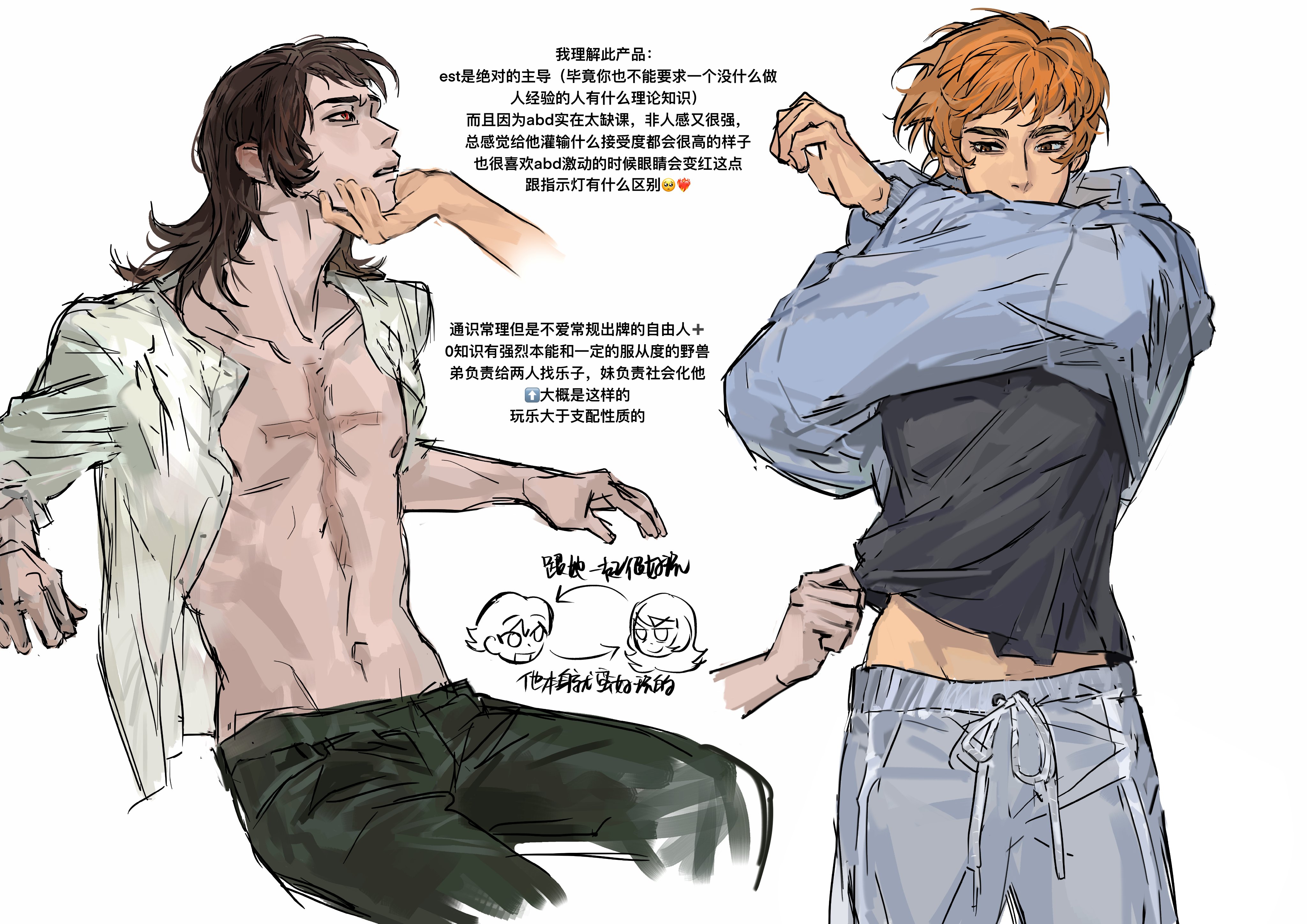 repeeksdnuorg, abaddon (haunted hotel), abaddon (human) (haunted hotel), esther freeling, haunted hotel, absurdres, chinese commentary, commentary request, highres, translation request, 1boy, 1girl, aged up, black shirt, blue hoodie, brown eyes, brown hair, chinese text, cowboy shot, cross scar, grabbing another's chin, hand on another's chin, hetero, hood, hoodie, lifting another's clothes, lifting own clothes, long hair, midriff peek, open clothes, open shirt, orange hair, red eyes, scar, scar on chest, shirt, simple background, sitting, undressing, white background, white shirt